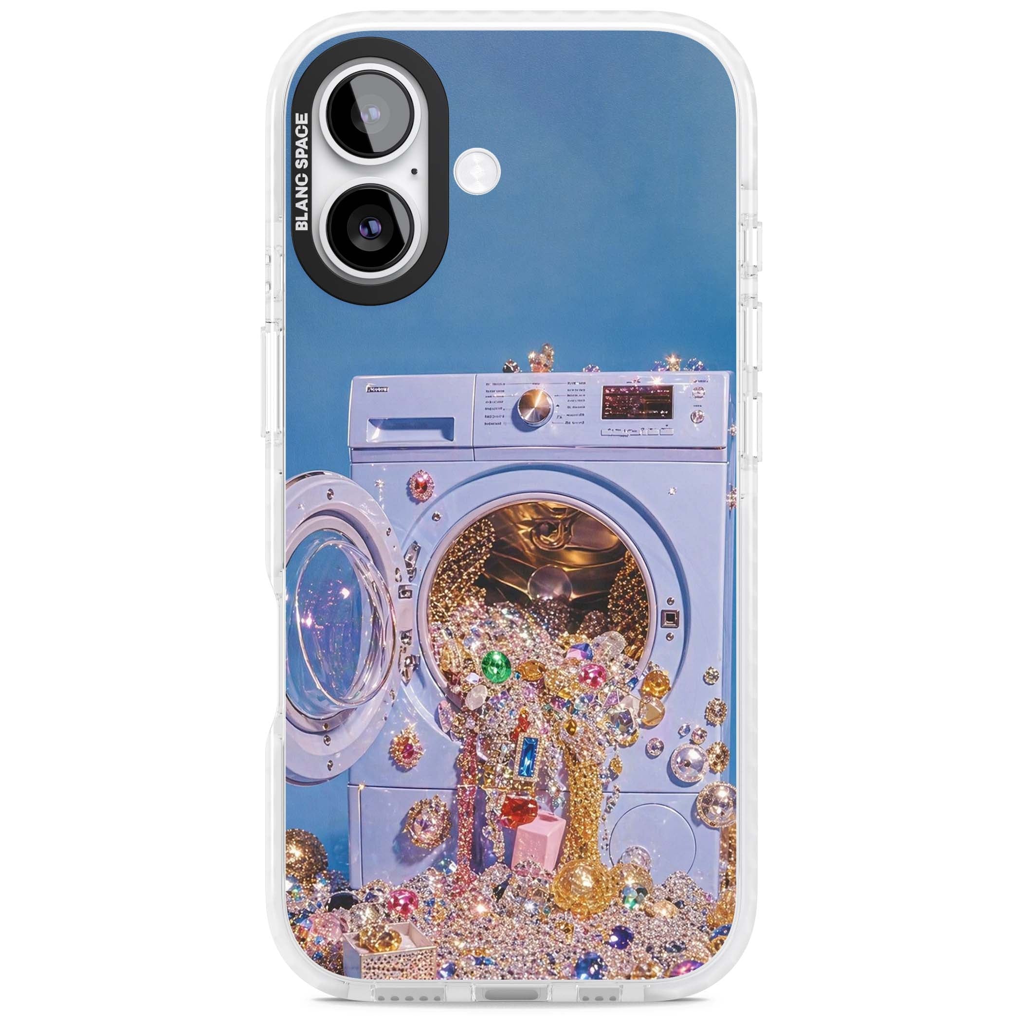 Gem Laundry baddie iPhone case featuring a surreal washing machine overflowing with colourful gemstones and crystals | Impact Magsafe case for iPhone 17