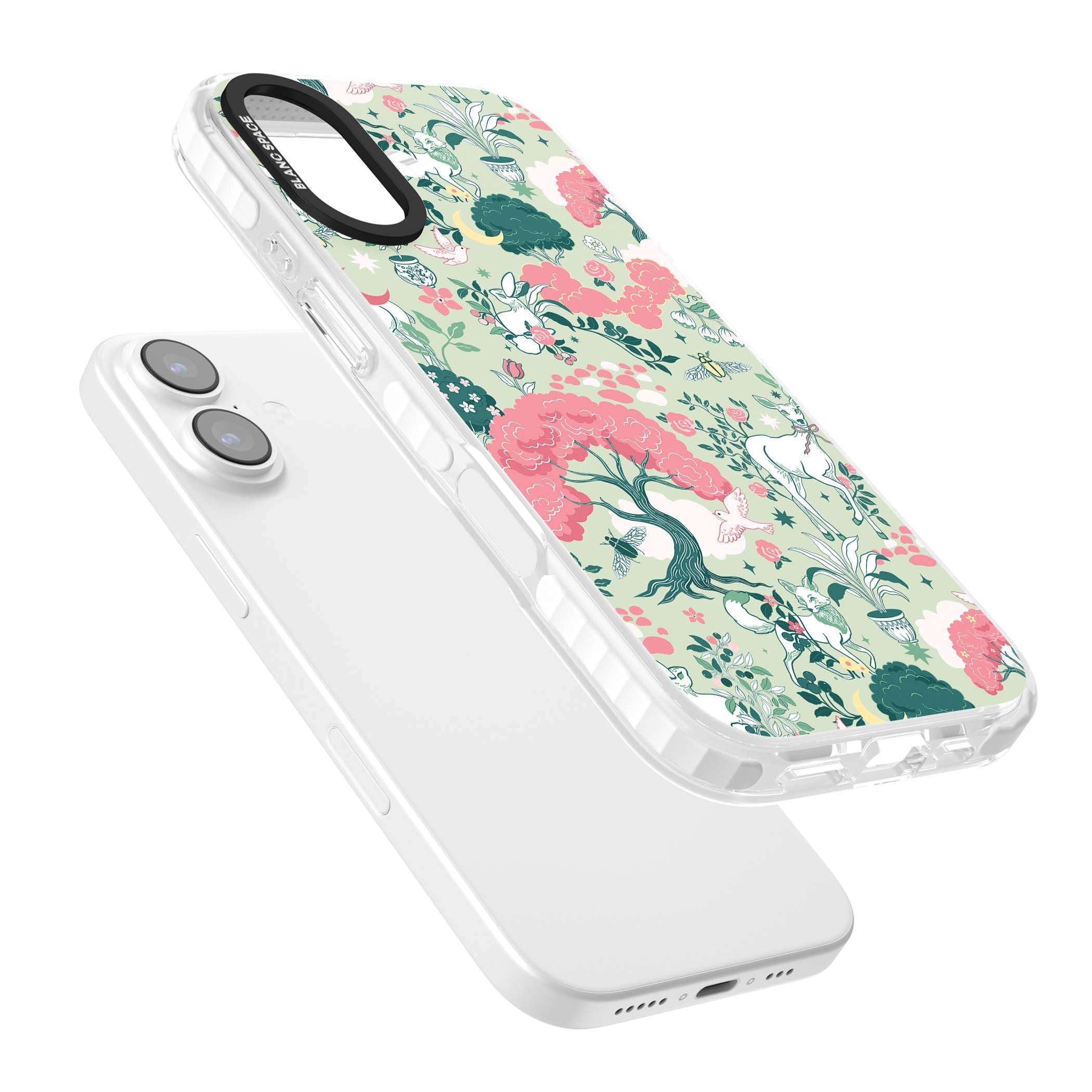 Enchanted Woodland cottagecore iPhone case featuring white deer, pink roses, mushrooms and woodland animals on sage green | Impact Magsafe case for iPhone 17