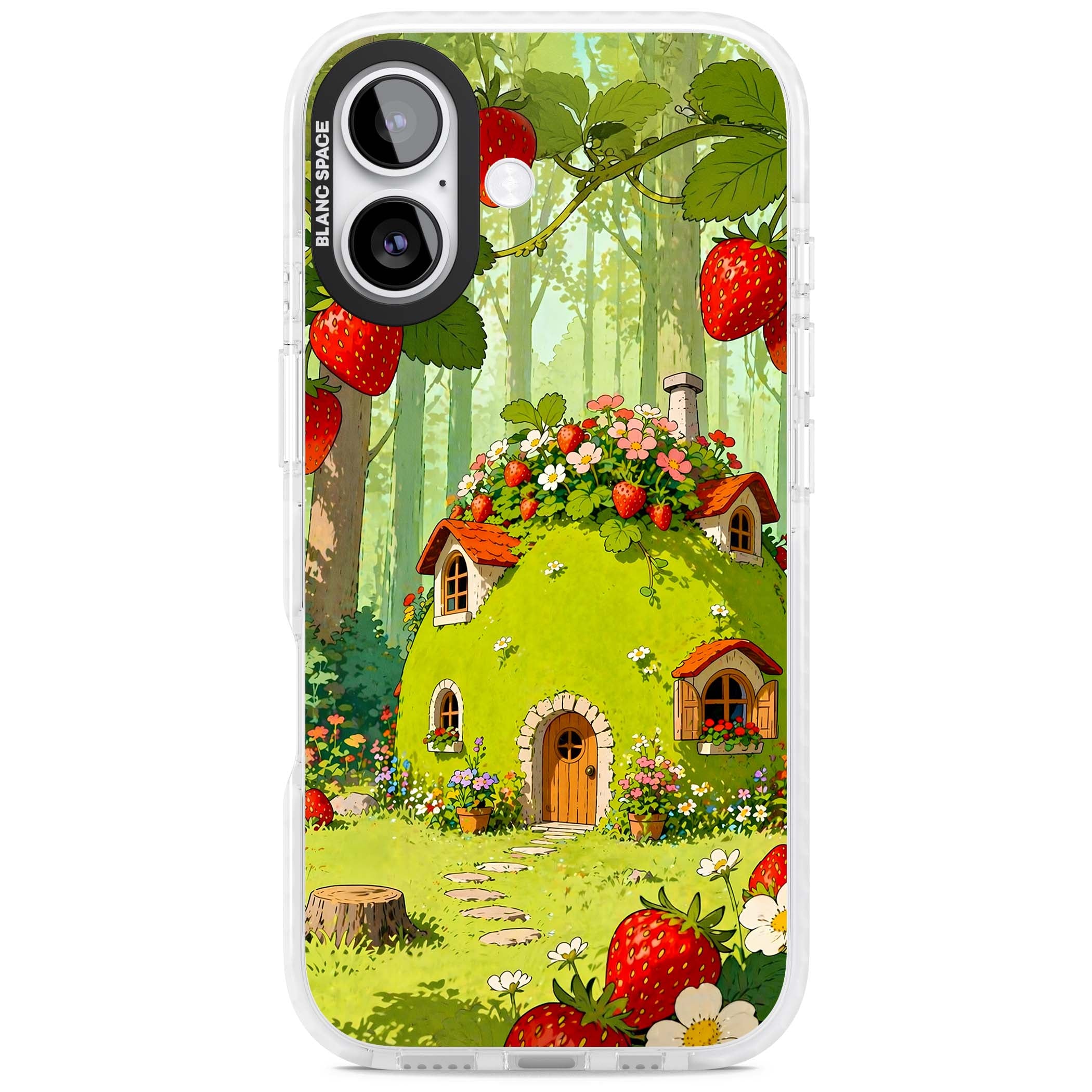 Strawberry Cottage cottagecore iPhone case featuring a green fairy house, wild strawberries and enchanted forest flowers | Impact Magsafe case for iPhone 17