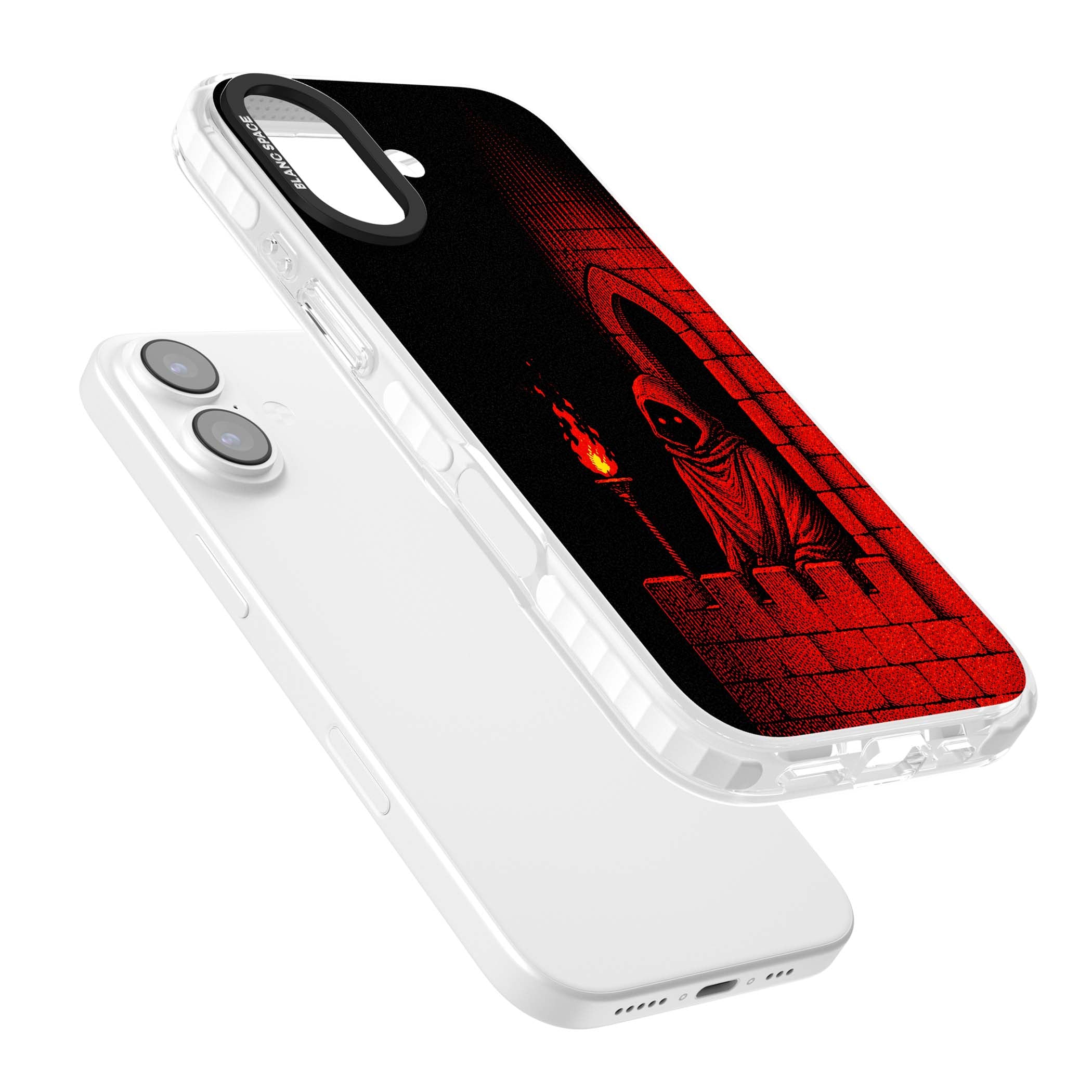 Crimson Crypt gothic iPhone case featuring a hooded reaper, torchlit crypt archway and red halftone horror art | Impact Magsafe case for iPhone 17