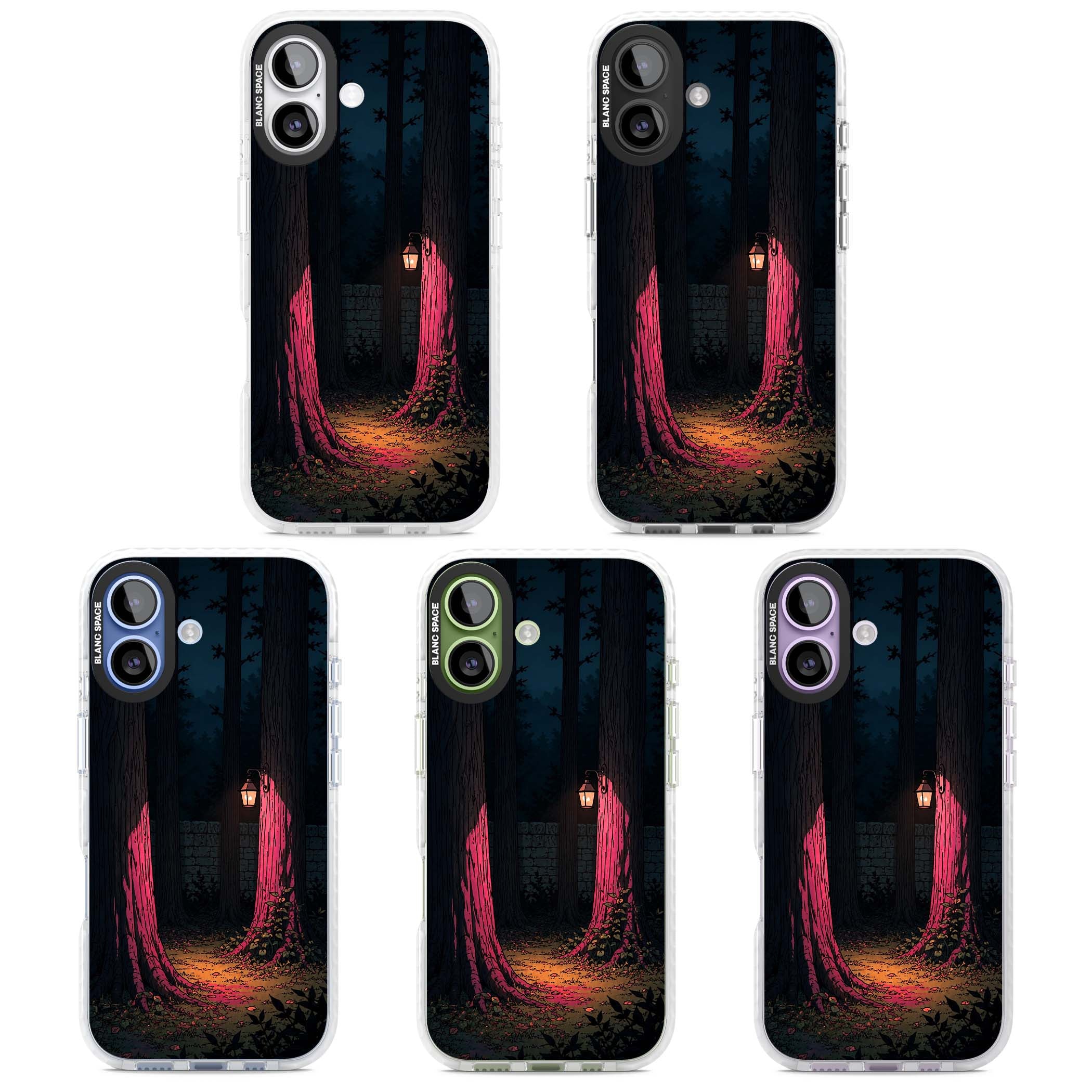 Forest Lantern dark academia iPhone case featuring a moonlit forest, glowing lantern, and stone wall pathway | Impact Magsafe case for iPhone 17