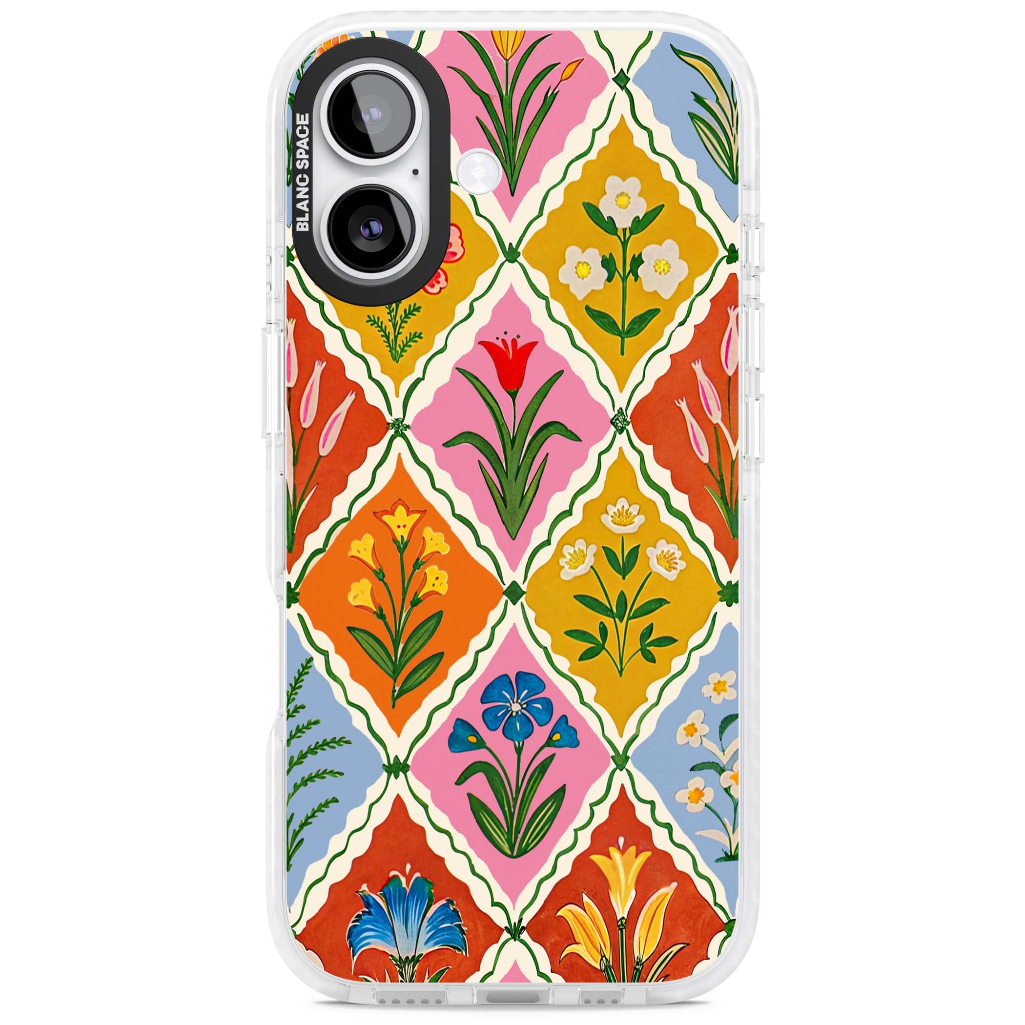 Floral Quilt boho floral iPhone case featuring diamond lattice pattern, hand-painted tulips and folk art wildflowers | Impact Magsafe case for iPhone 17