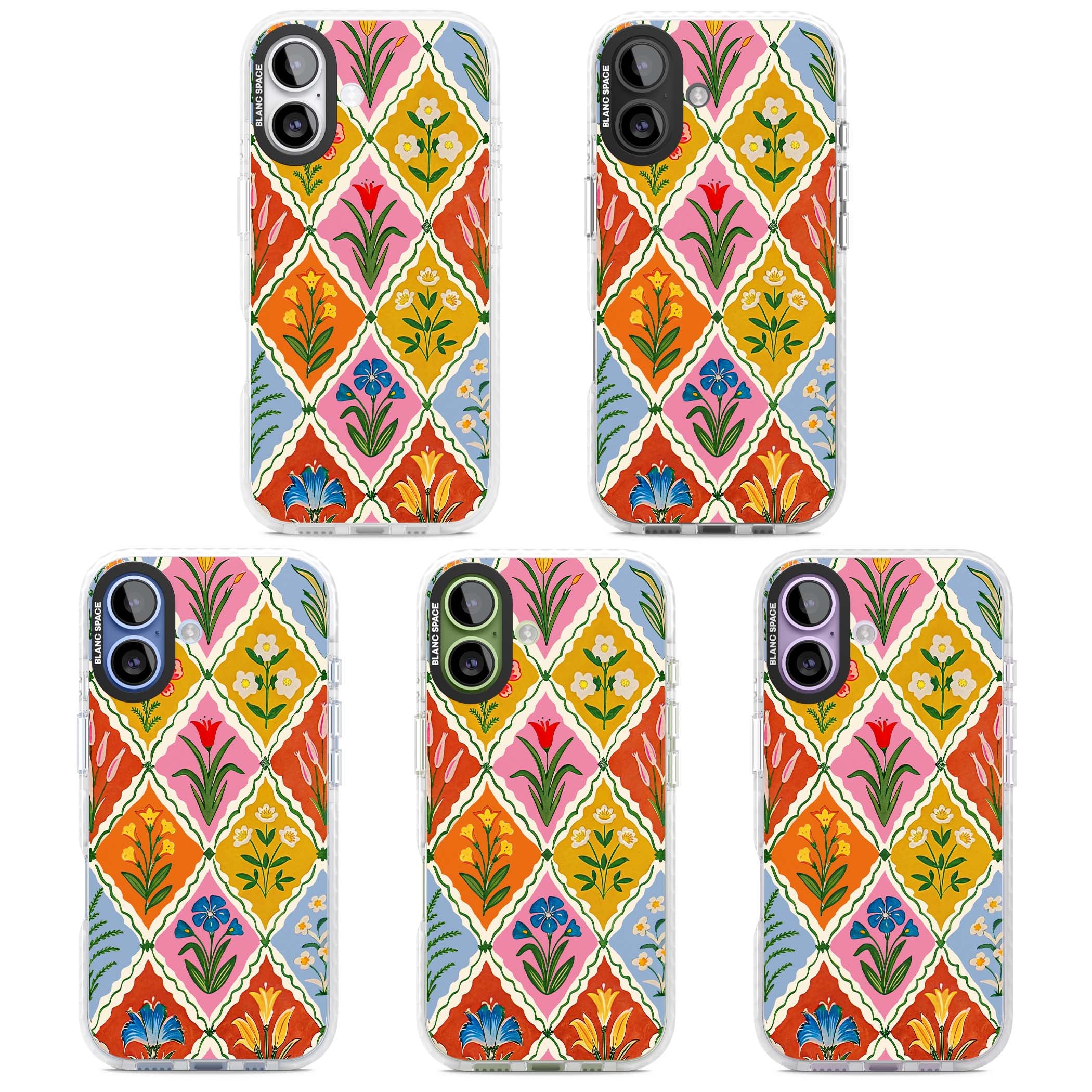 Floral Quilt boho floral iPhone case featuring diamond lattice pattern, hand-painted tulips and folk art wildflowers | Impact Magsafe case for iPhone 17