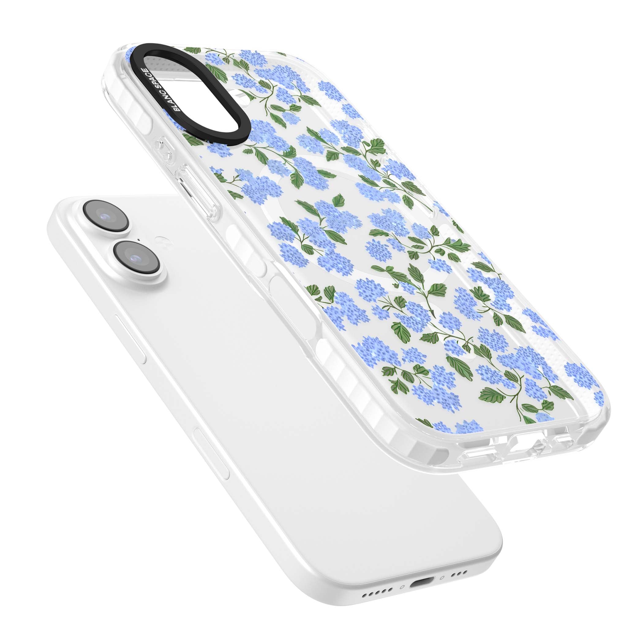 Hydrangea Dreams cottagecore iPhone case featuring soft blue hydrangea flower clusters and green leaves | Impact Magsafe case for iPhone 17