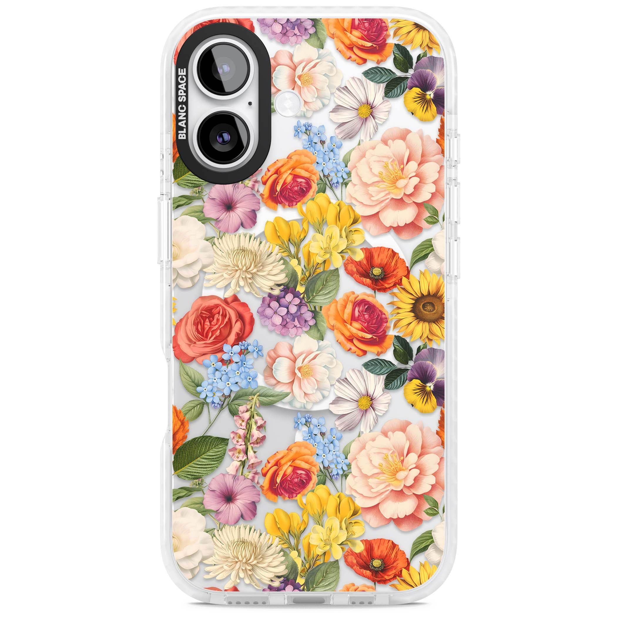 Bloom Basket floral iPhone case featuring cottage garden flowers including peonies, sunflowers, and wildflowers in pastel col | Impact Magsafe case for iPhone 17
