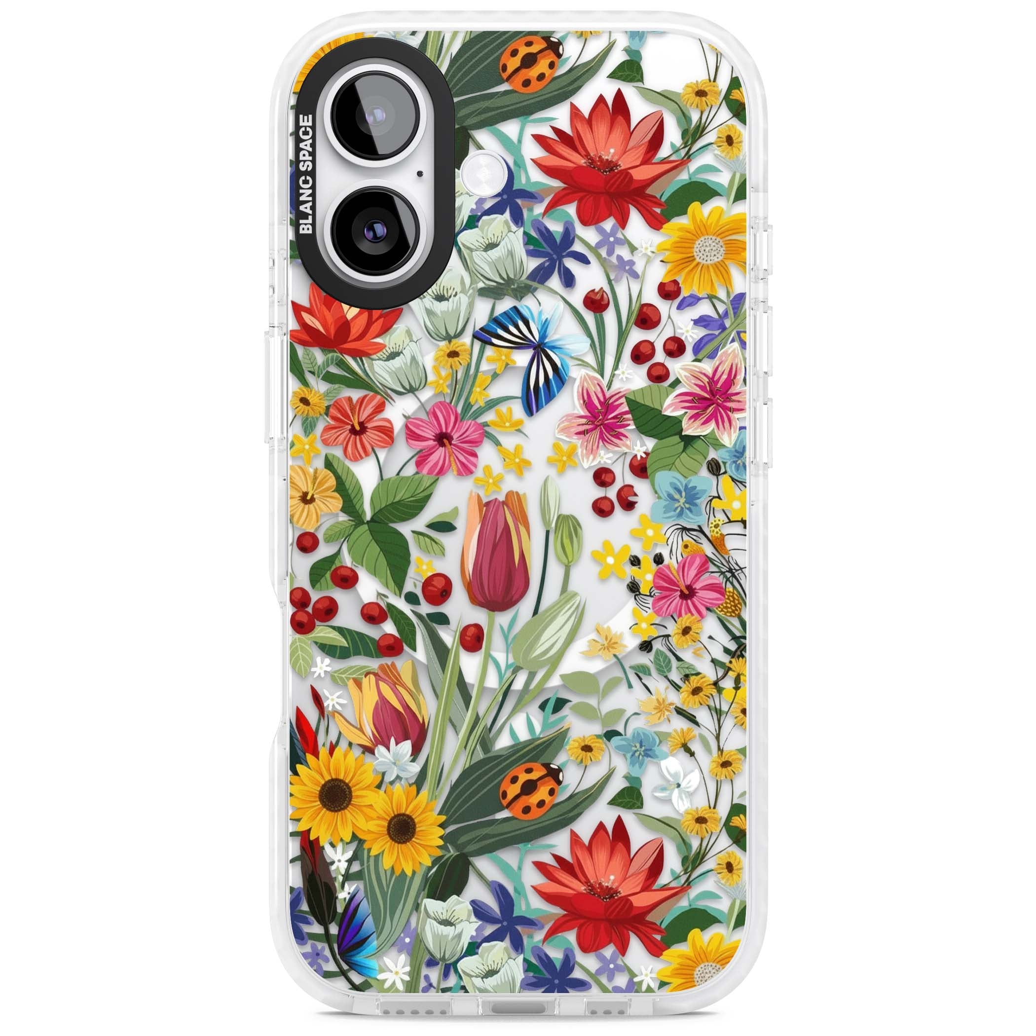 Botanical Bloom cottagecore iPhone case featuring colorful wildflowers, sunflowers, and ladybugs on clear background | Impact Magsafe case for iPhone 17
