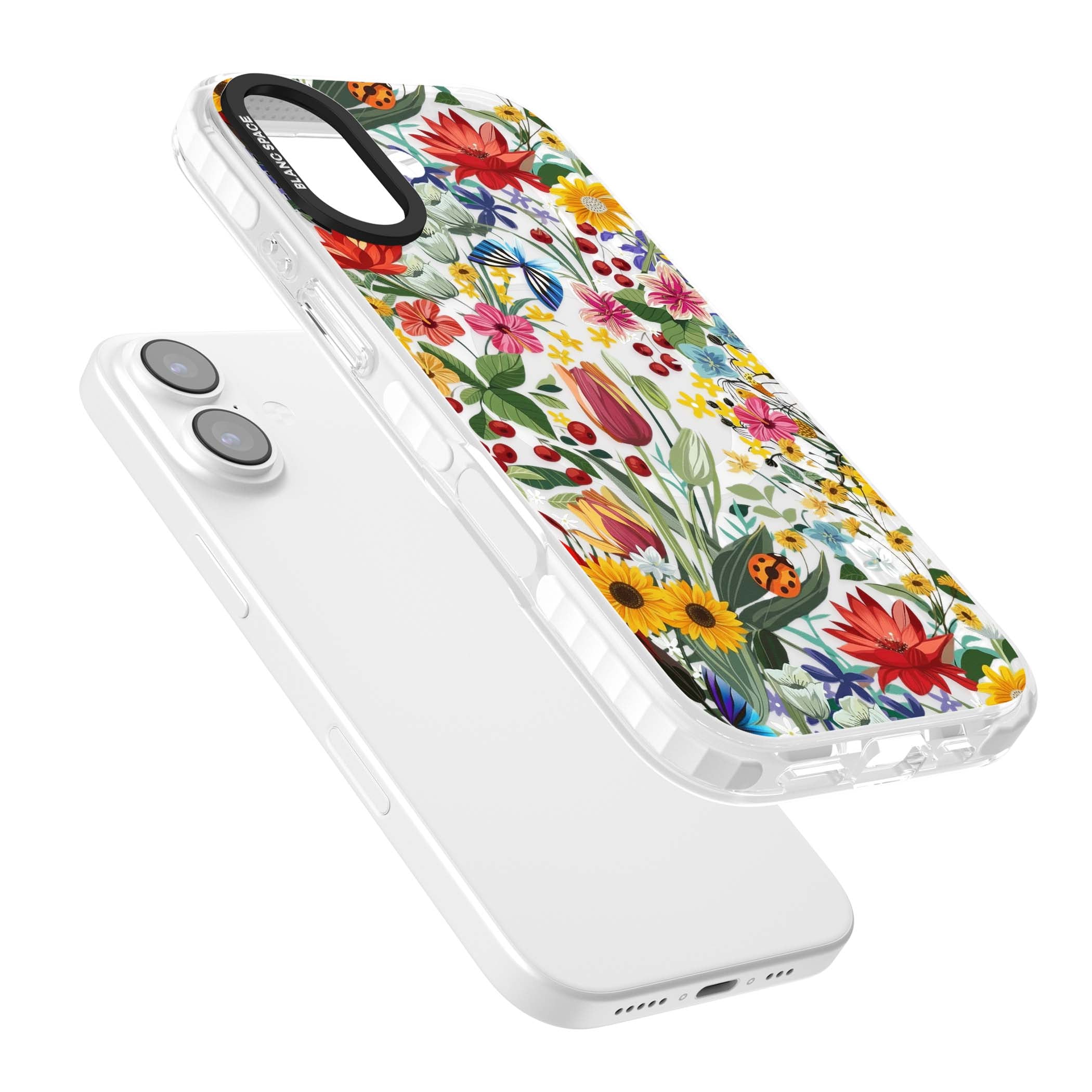 Botanical Bloom cottagecore iPhone case featuring colorful wildflowers, sunflowers, and ladybugs on clear background | Impact Magsafe case for iPhone 17
