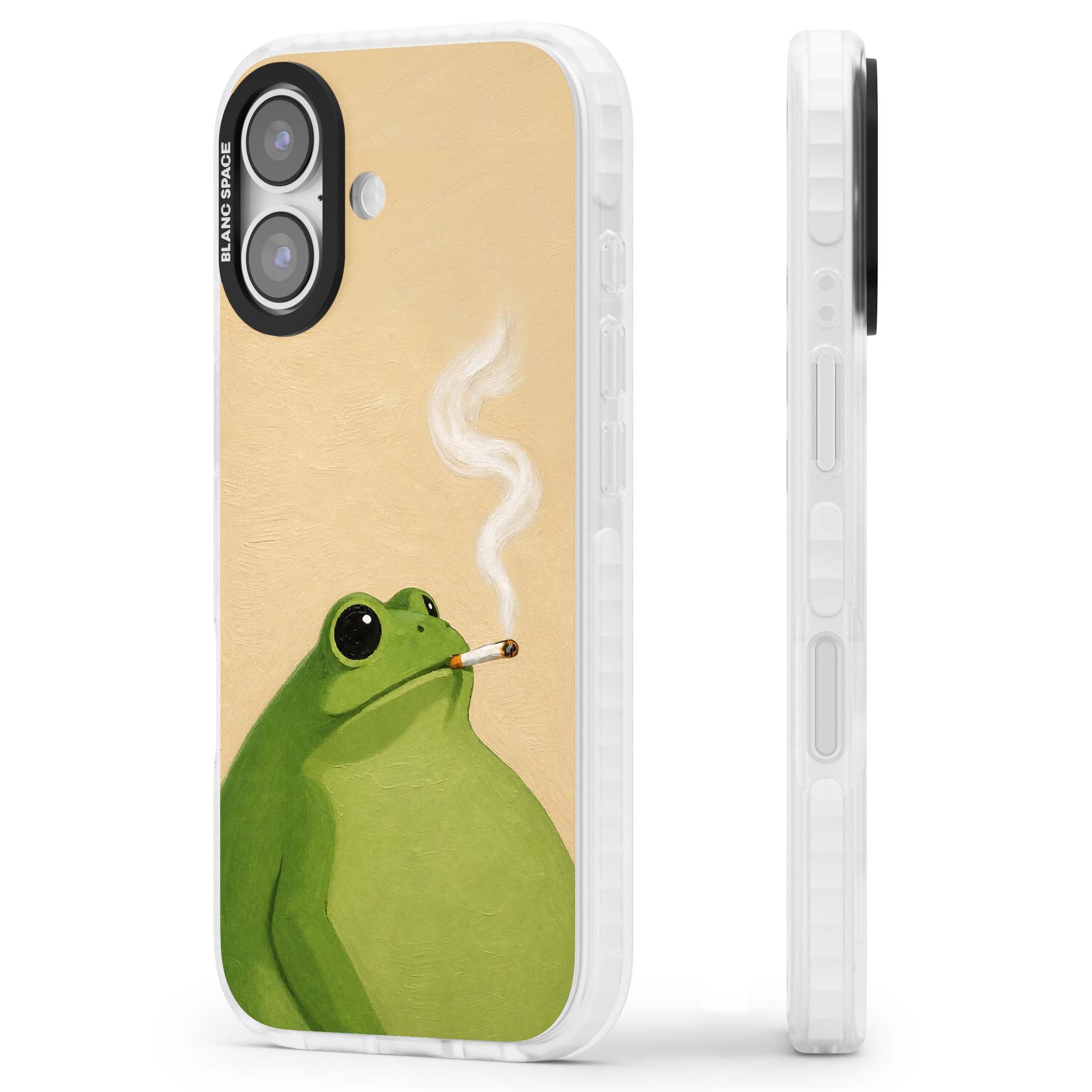 The Smoking Frog cottagecore iPhone case featuring a hand-painted green frog smoking a cigarette on a cream oil painting back | Impact Magsafe case for iPhone 17