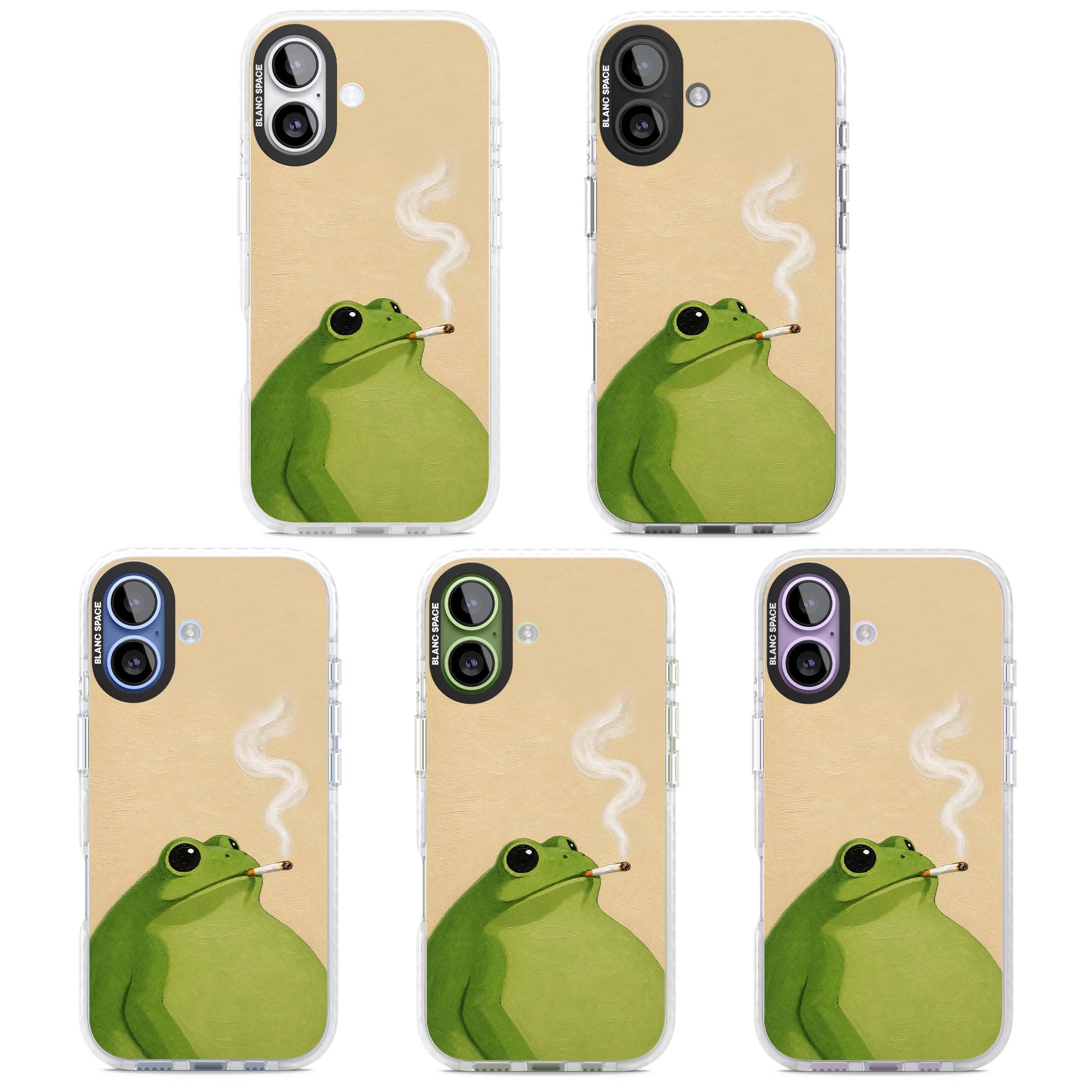The Smoking Frog cottagecore iPhone case featuring a hand-painted green frog smoking a cigarette on a cream oil painting back | Impact Magsafe case for iPhone 17