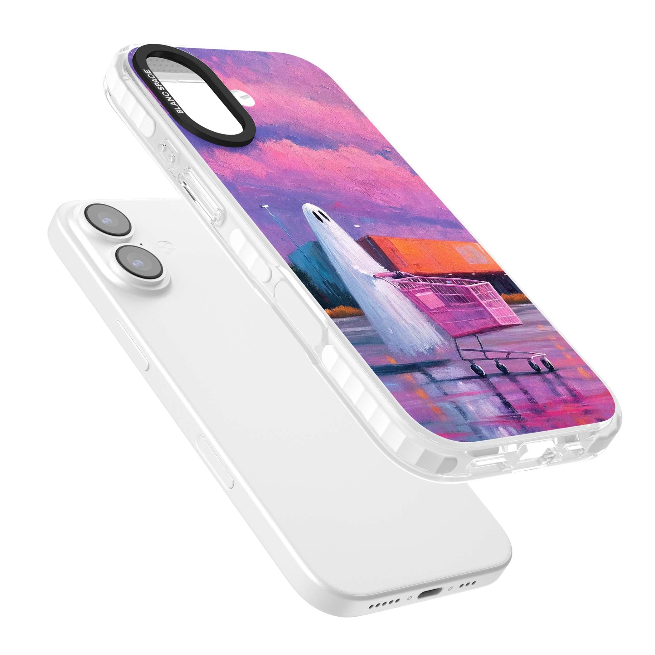 A Ghost's Errand ghost halloween iPhone case featuring a painted ghost, pink shopping trolley and purple sunset sky | Impact Magsafe case for iPhone 17