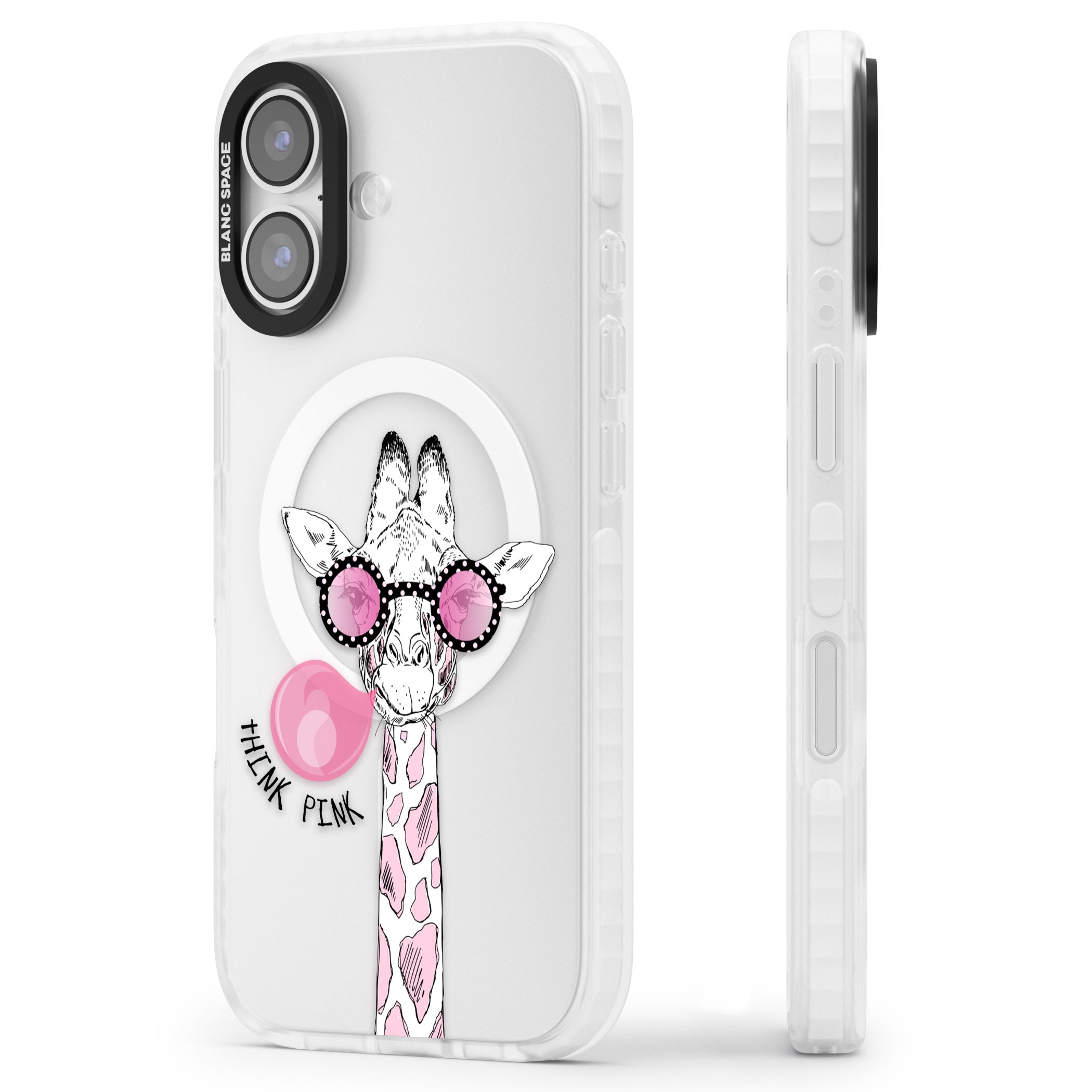 Think Pink Giraffe iPhone 17 Impact Pro Clear Phone Case Side Profile