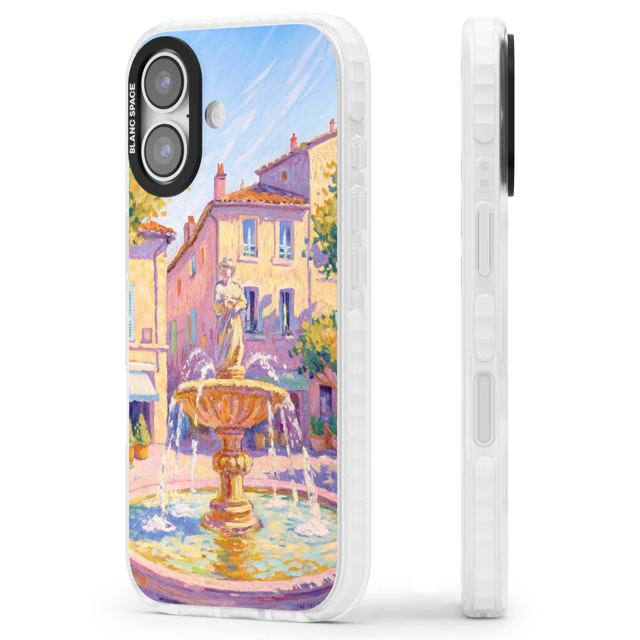 Fountain Square fine art iPhone case featuring an impressionist Provençal fountain, pastel village buildings and summe | Impact Magsafe case for iPhone 17