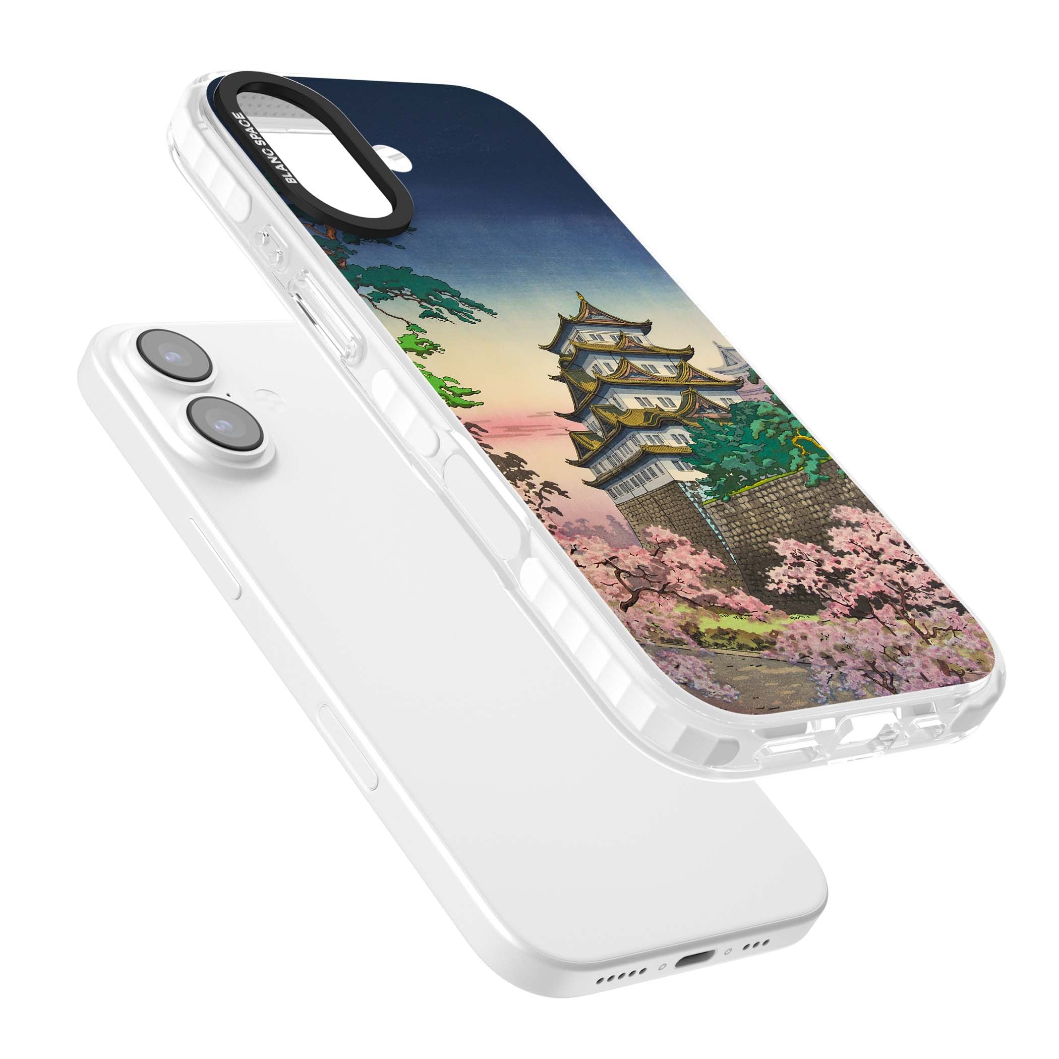 Nagoya Castle Japanese iPhone case featuring a vintage pagoda, twilight sky and cherry blossom trees | Impact Magsafe case for iPhone 17