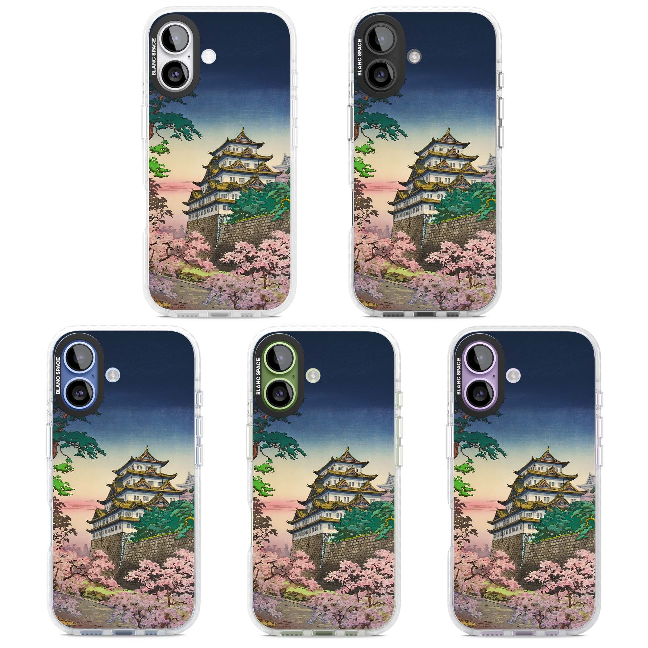 Nagoya Castle Japanese iPhone case featuring a vintage pagoda, twilight sky and cherry blossom trees | Impact Magsafe case for iPhone 17