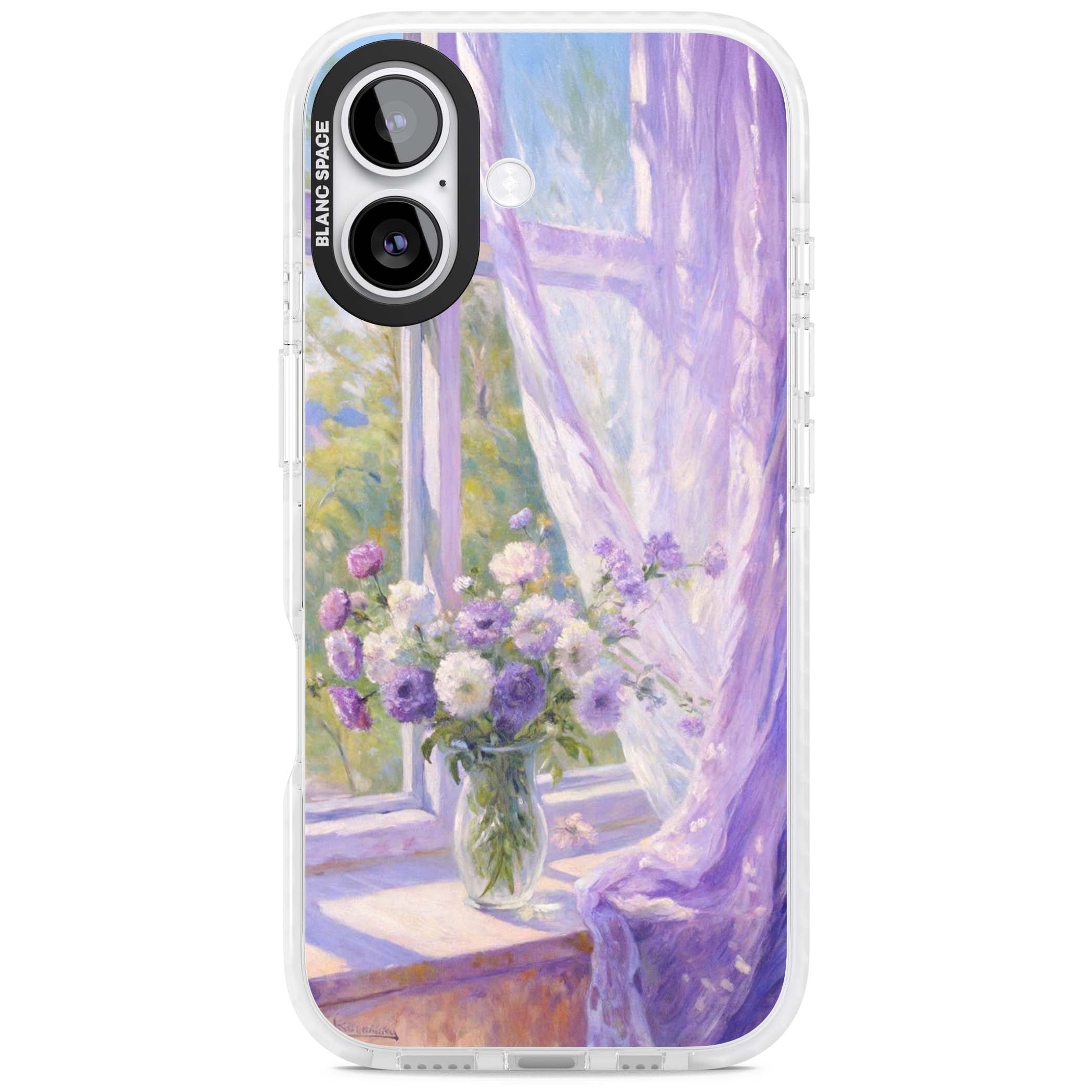 A Provence Morning impressionist art iPhone case featuring a vase of purple flowers, sunlit window and sheer curt | Impact Magsafe case for iPhone 17