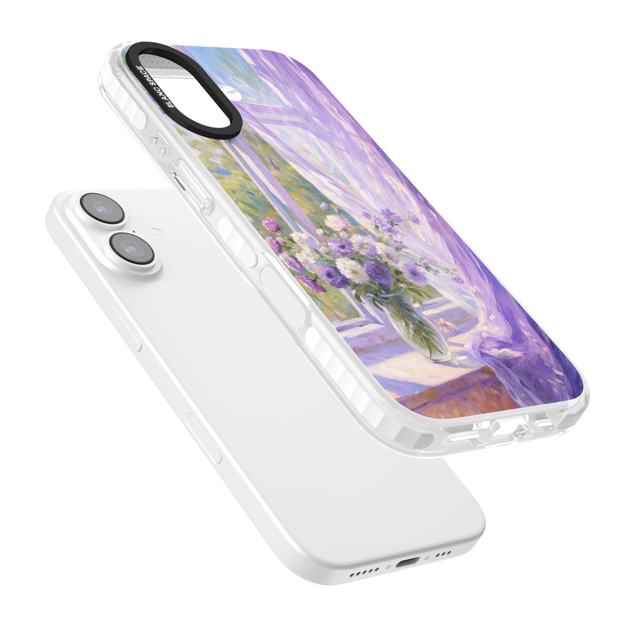 A Provence Morning impressionist art iPhone case featuring a vase of purple flowers, sunlit window and sheer curt | Impact Magsafe case for iPhone 17