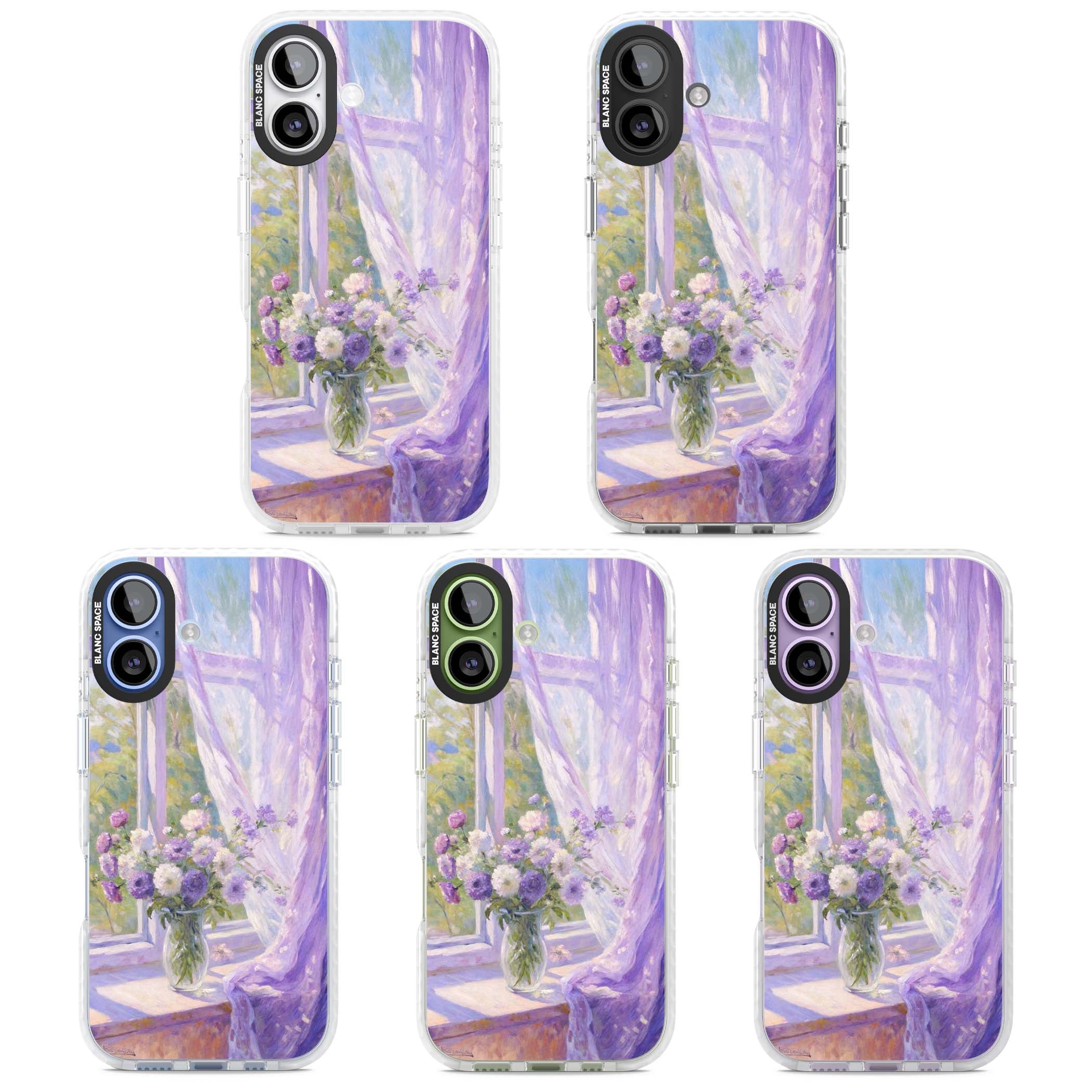 A Provence Morning impressionist art iPhone case featuring a vase of purple flowers, sunlit window and sheer curt | Impact Magsafe case for iPhone 17