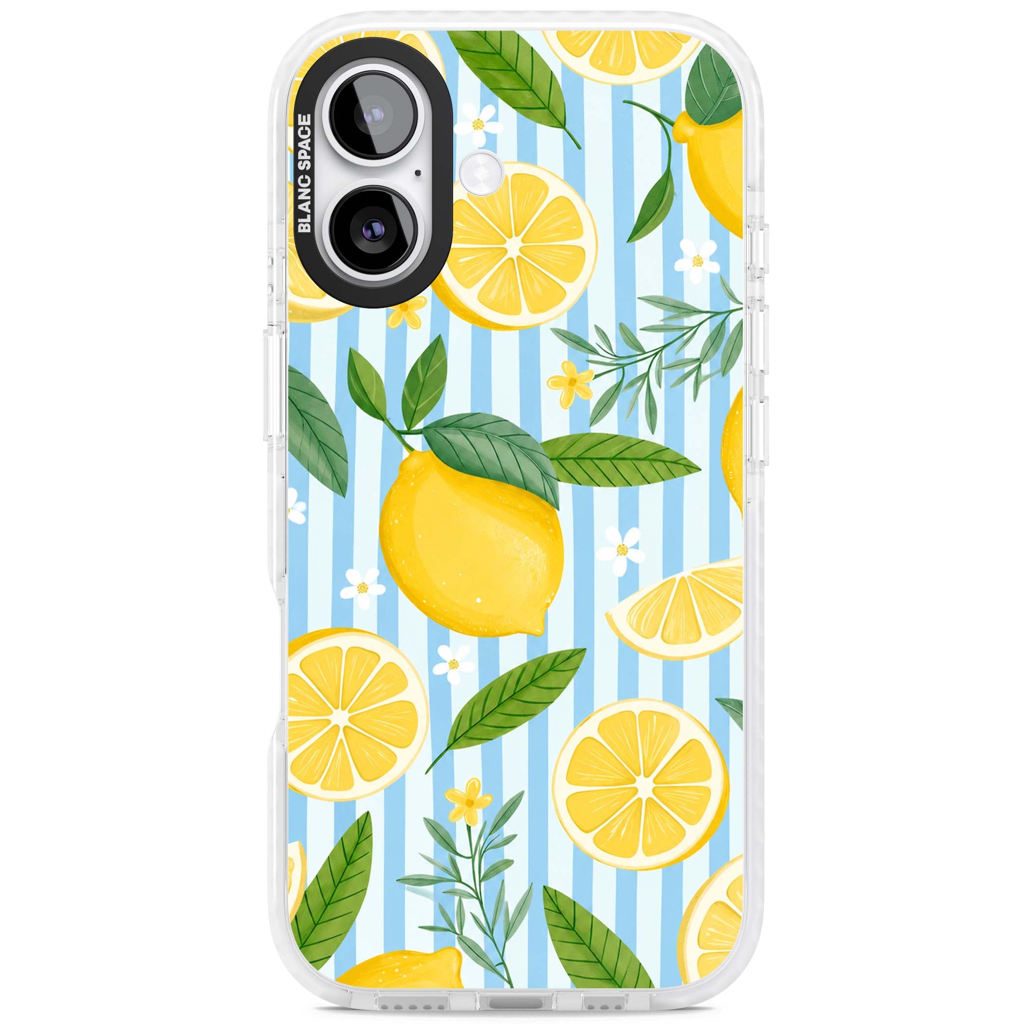 Capri Citrus Stripe coastal iPhone case featuring yellow lemons, blue stripes, and white daisy blossoms | Impact Magsafe case for iPhone 17