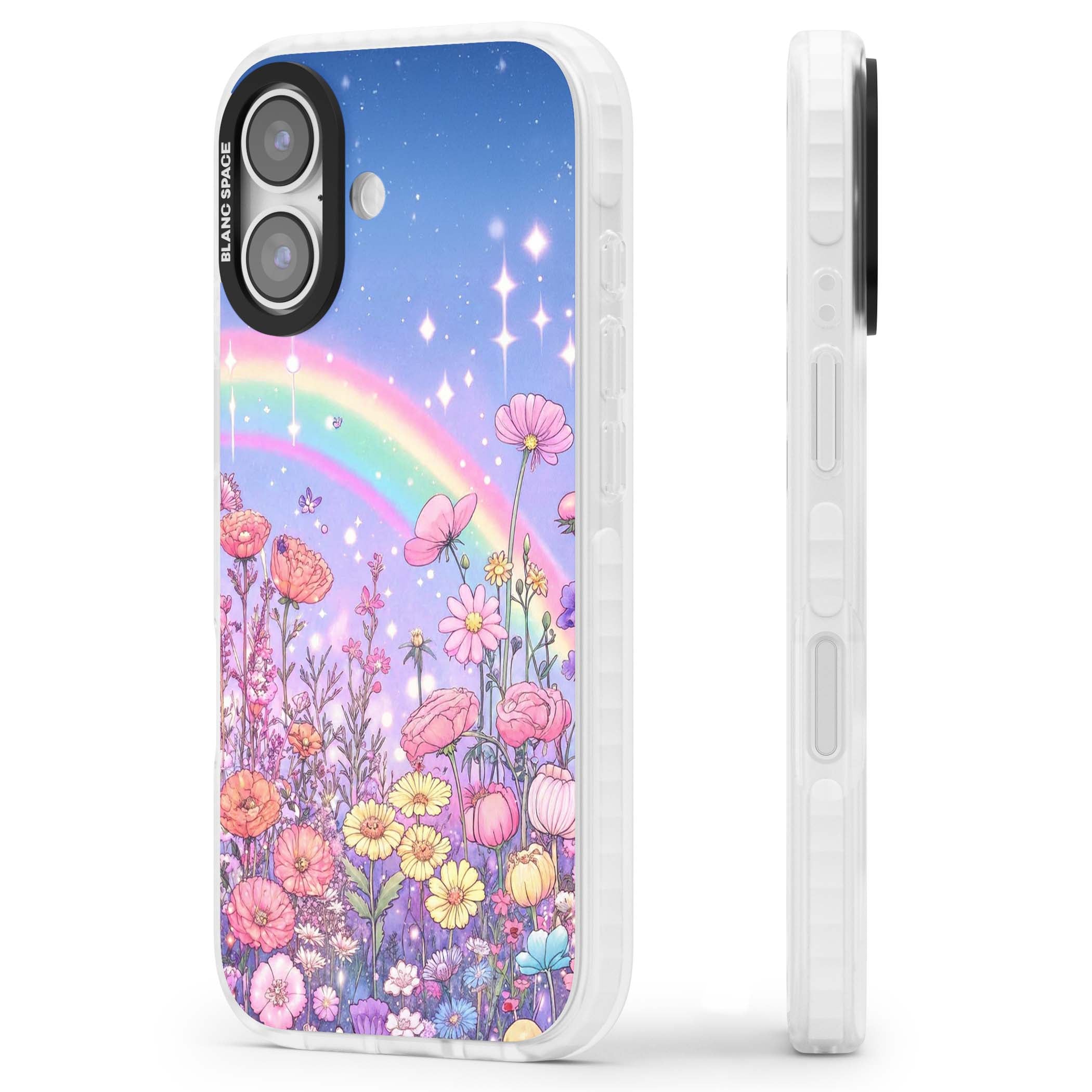 Magical Meadow fairycore iPhone case featuring a pastel rainbow, sparkling stars and a wildflower meadow | Impact Magsafe case for iPhone 17