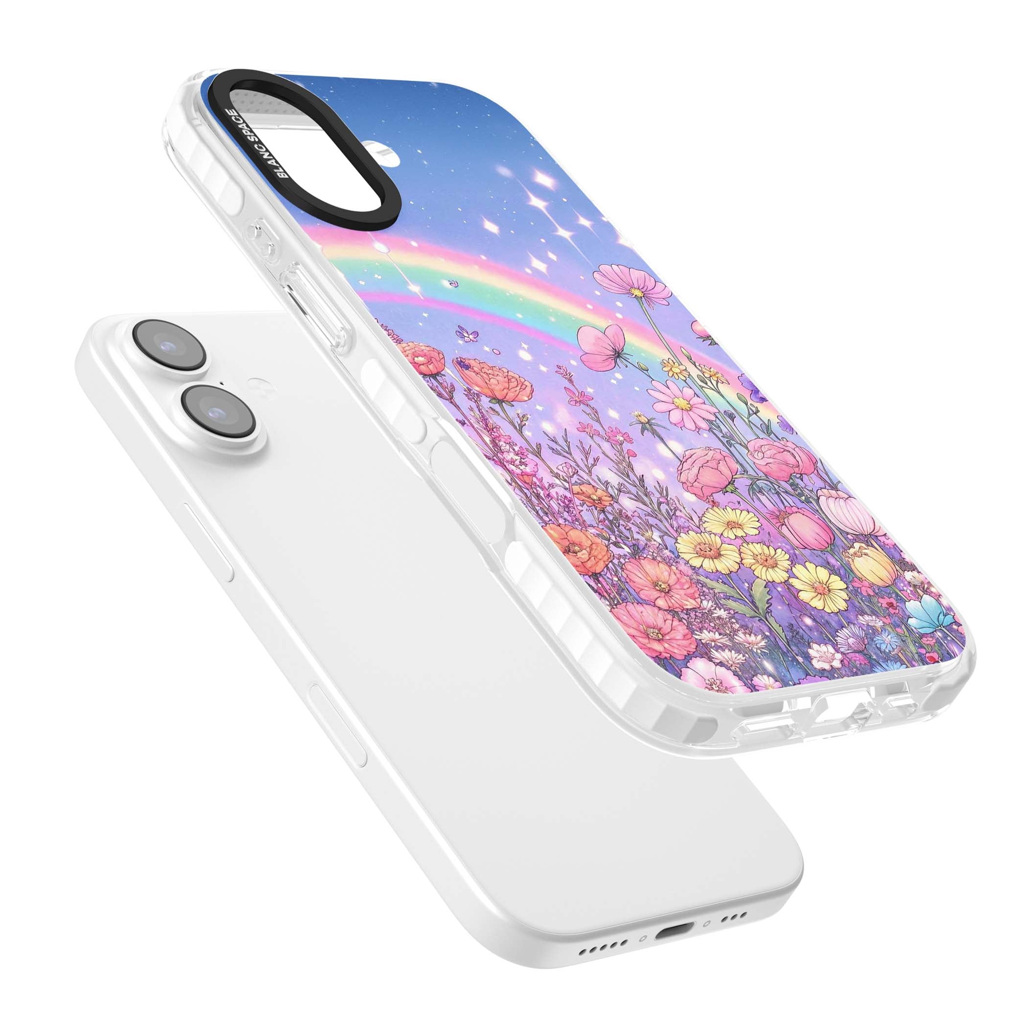 Magical Meadow fairycore iPhone case featuring a pastel rainbow, sparkling stars and a wildflower meadow | Impact Magsafe case for iPhone 17