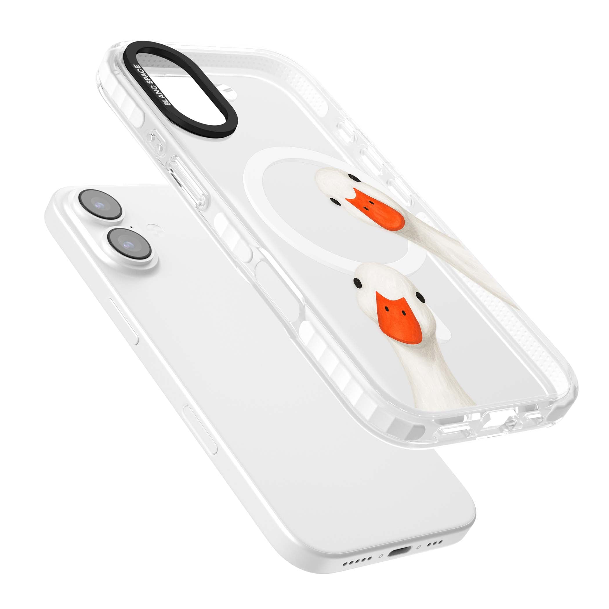 Nosy Ducks cottagecore iPhone case featuring two peeking white ducks with orange beaks on a clear background | Impact Magsafe case for iPhone 17
