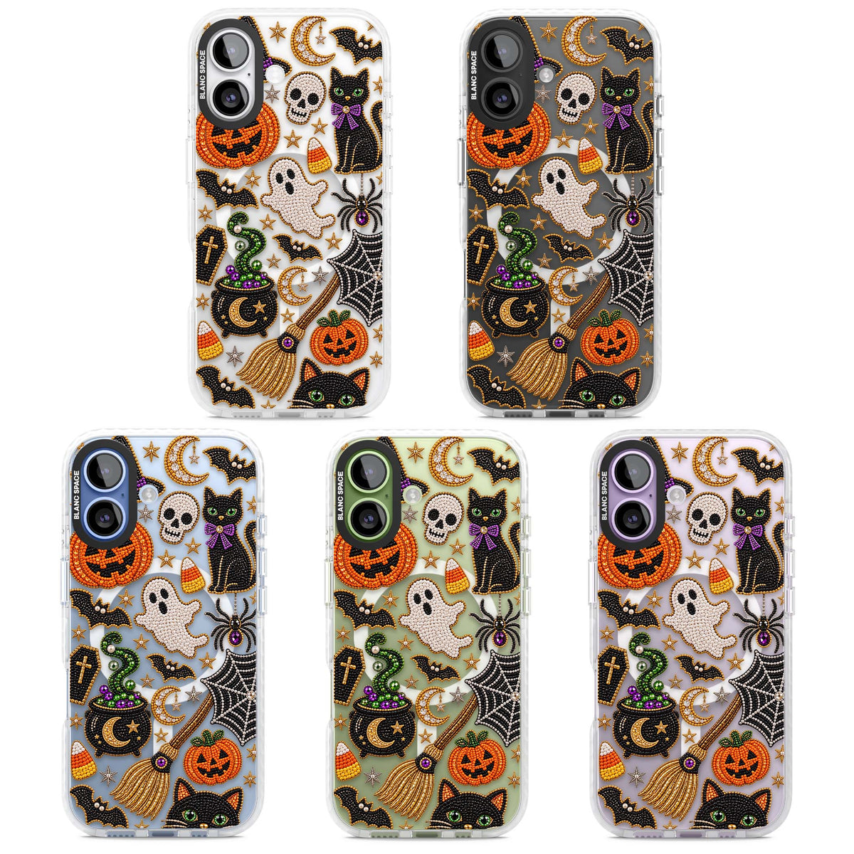 Beaded Halloween Halloween iPhone case featuring beaded pumpkins, ghosts, black cats and bats | Impact Magsafe case for iPhone 17