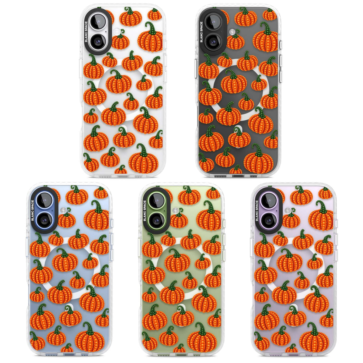 Beaded Pumpkins halloween iPhone case featuring beaded orange pumpkins with green stems on a clear background | Impact Magsafe case for iPhone 17