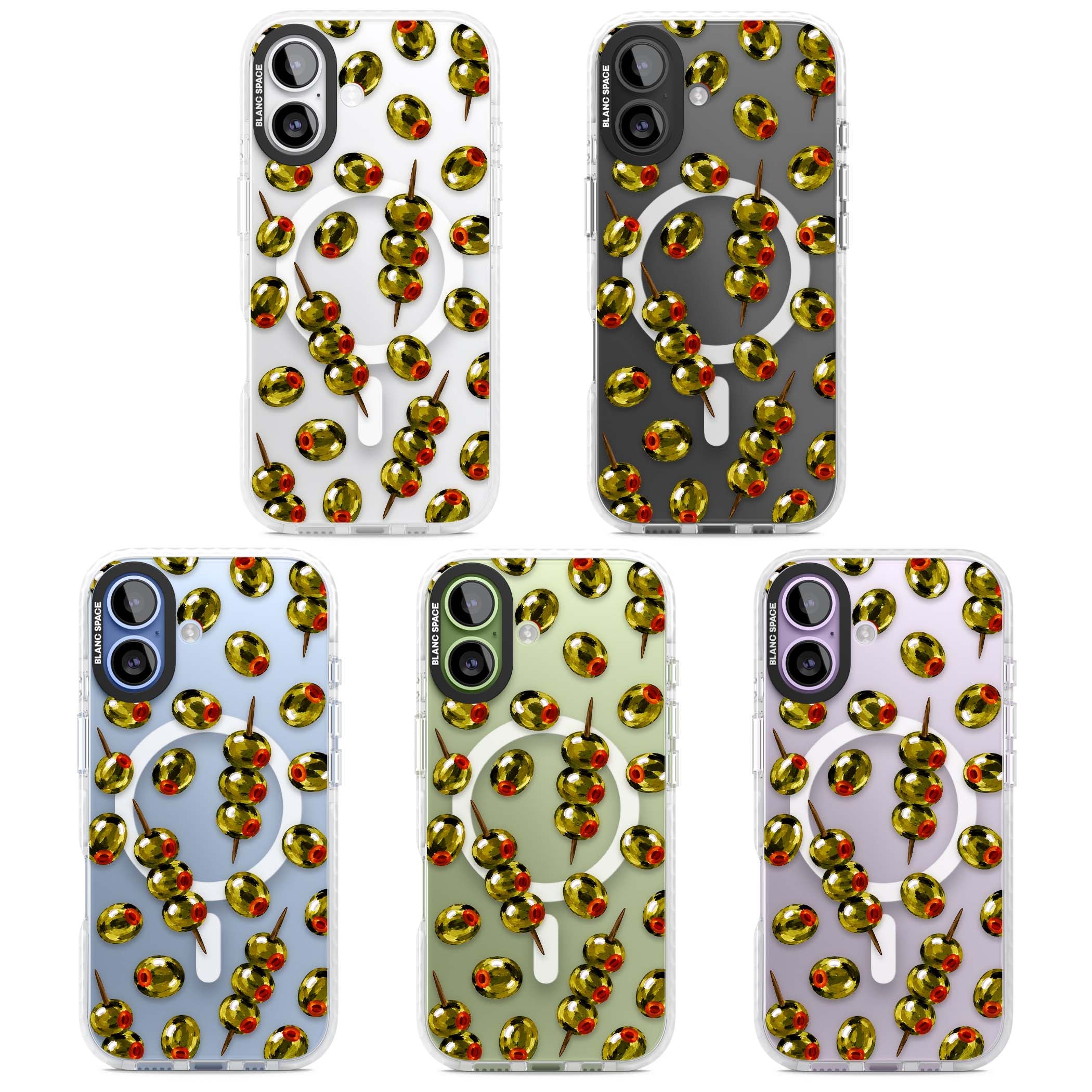 Painted Olives cocktail iPhone case featuring green olives, pimento centres and toothpick skewers on a clear background | Impact Magsafe case for iPhone 17