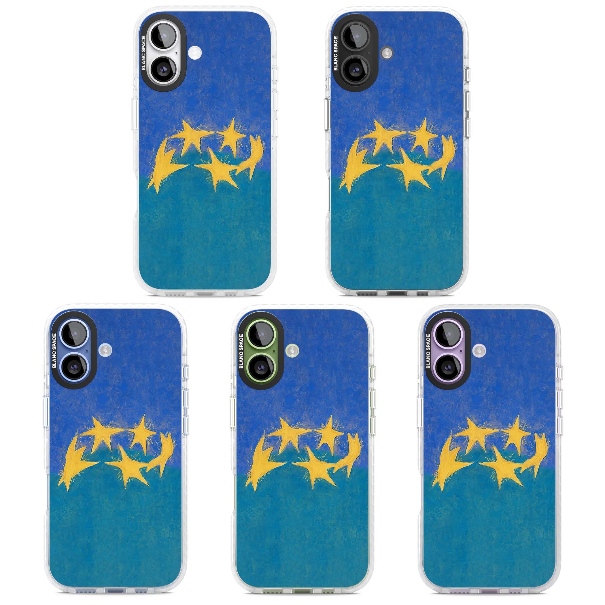 Star Boogie stars aesthetic iPhone case featuring five yellow hand-painted stars on cobalt blue and teal | Impact Magsafe case for iPhone 17