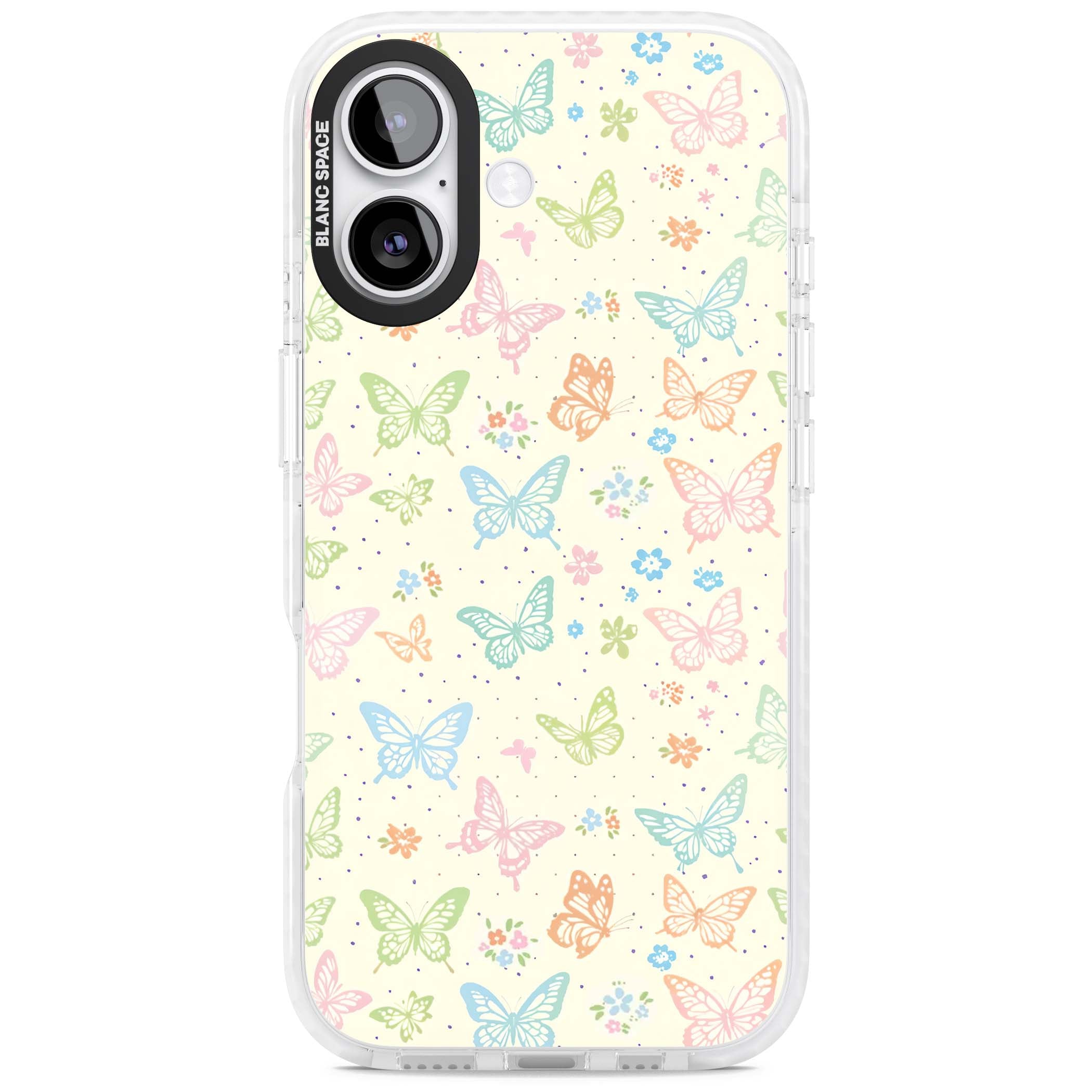 Sugar Wings cottagecore iPhone case featuring rainbow pastel butterflies, tiny wildflowers, and a cream background | Impact Magsafe case for iPhone 17