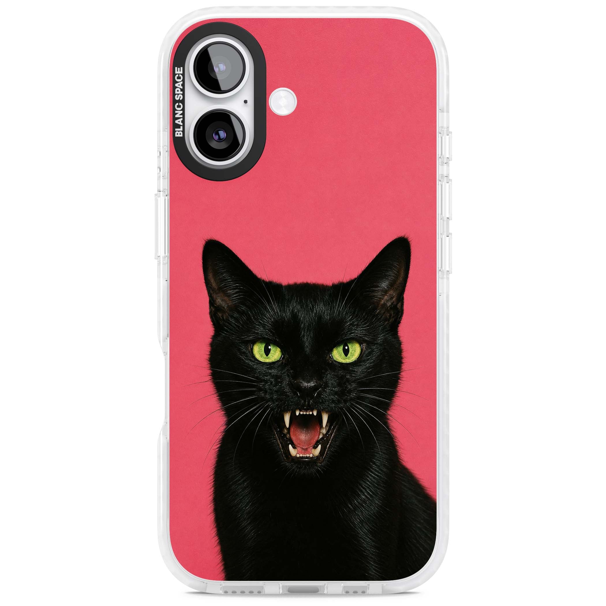 Hissin' Baddie black cat iPhone case featuring a hissing feline with green eyes on a hot pink background | Impact Magsafe case for iPhone 17