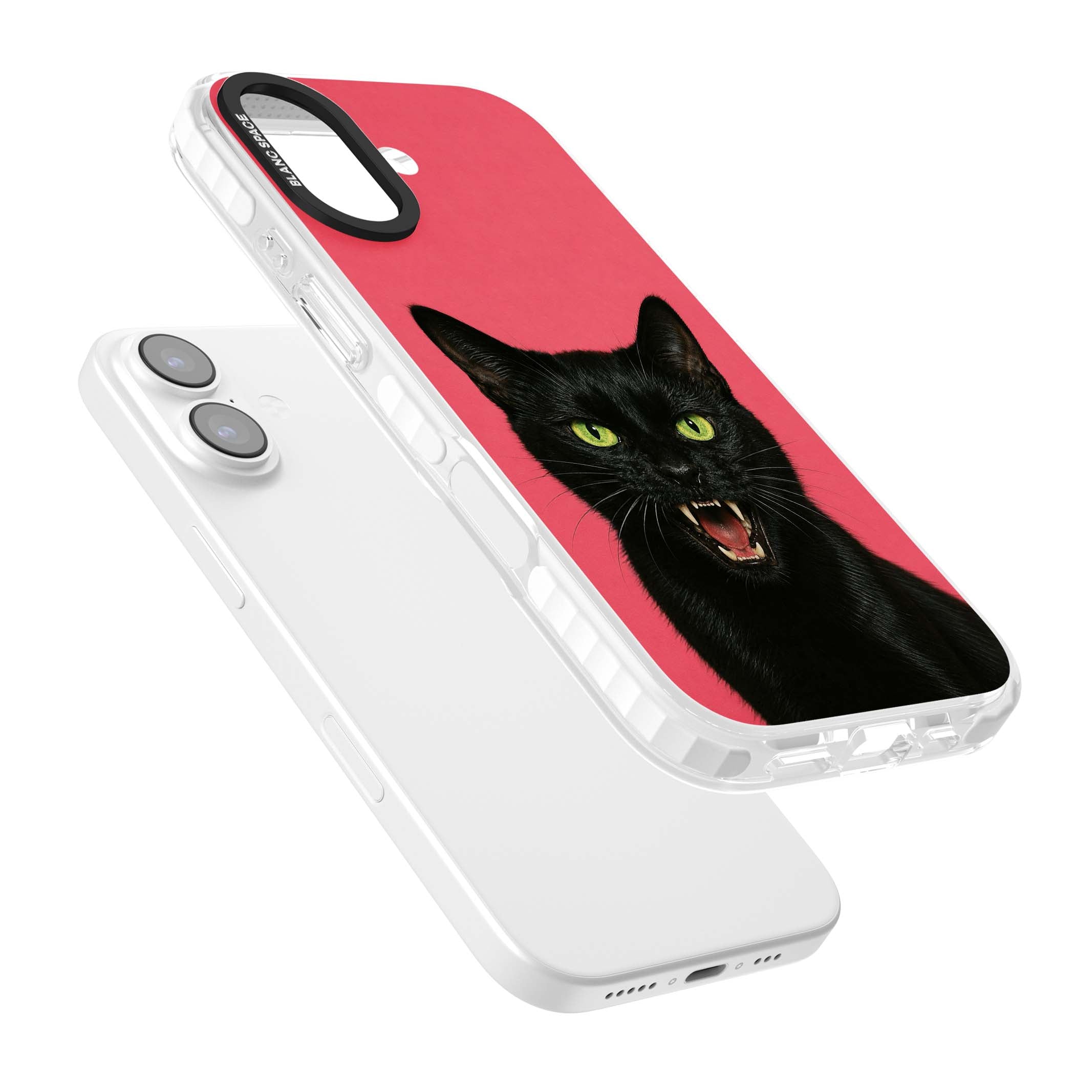Hissin' Baddie black cat iPhone case featuring a hissing feline with green eyes on a hot pink background | Impact Magsafe case for iPhone 17