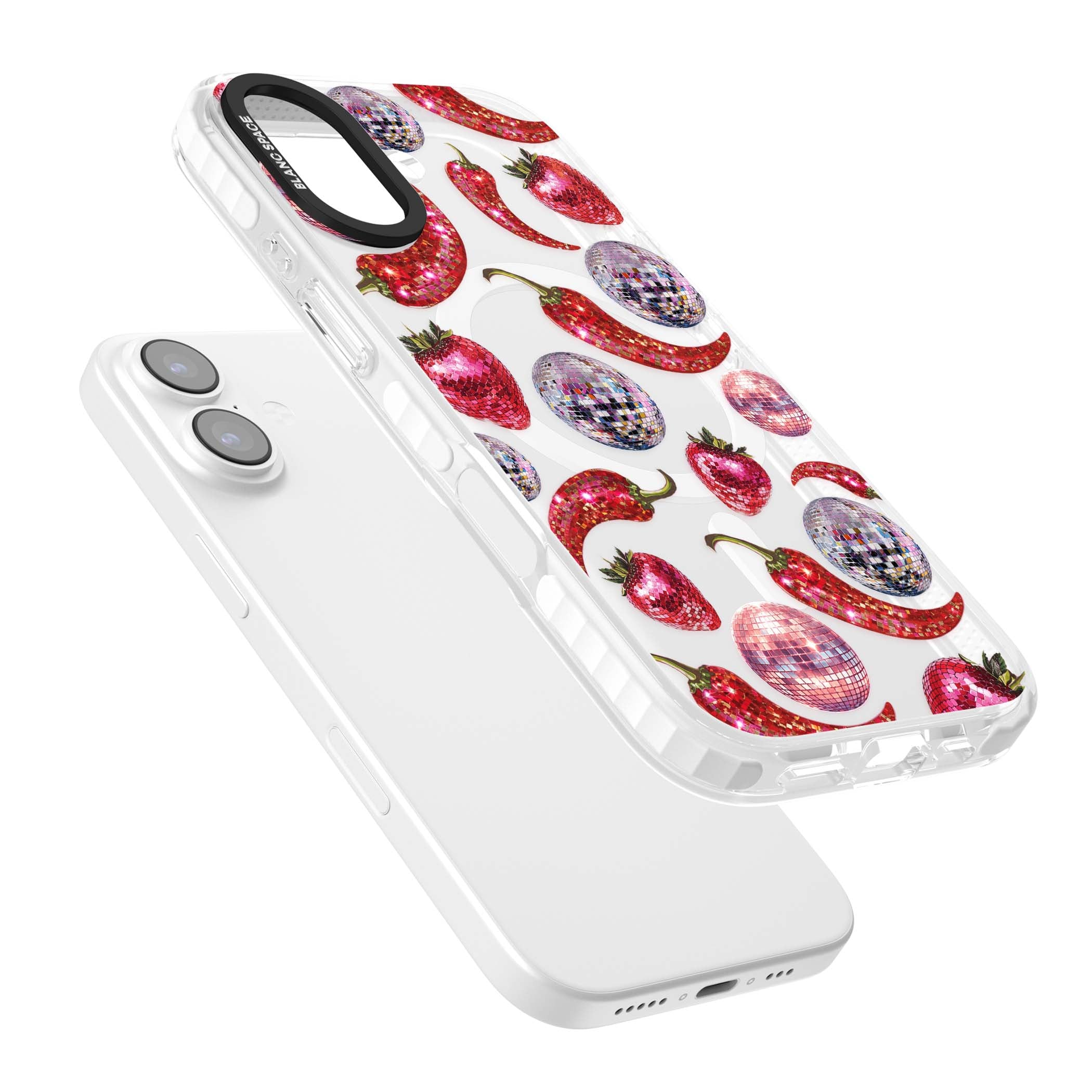 Spicy Disco Y2K iPhone case featuring glitter disco balls, sparkly strawberries and red chilli peppers | Impact Magsafe case for iPhone 17