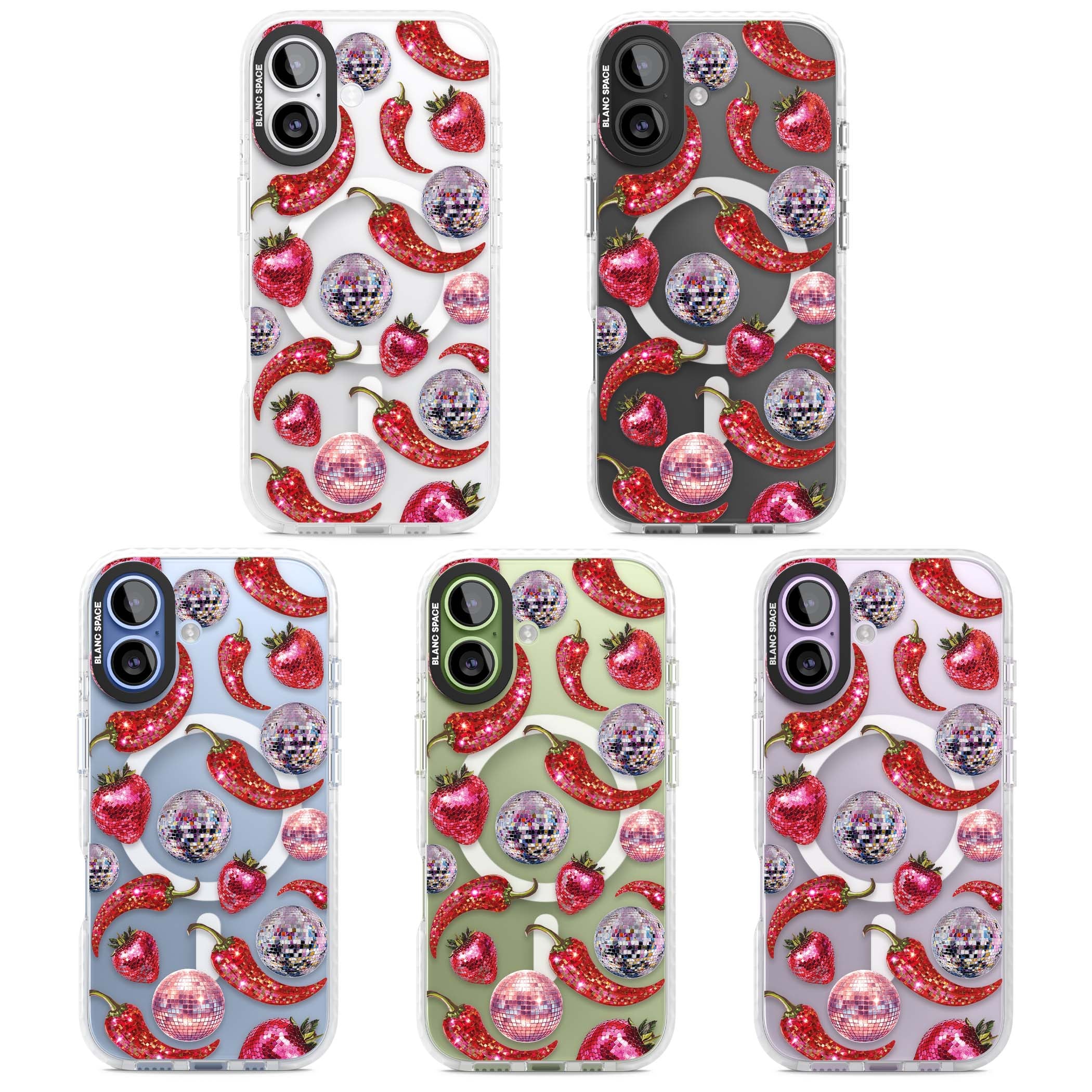 Spicy Disco Y2K iPhone case featuring glitter disco balls, sparkly strawberries and red chilli peppers | Impact Magsafe case for iPhone 17