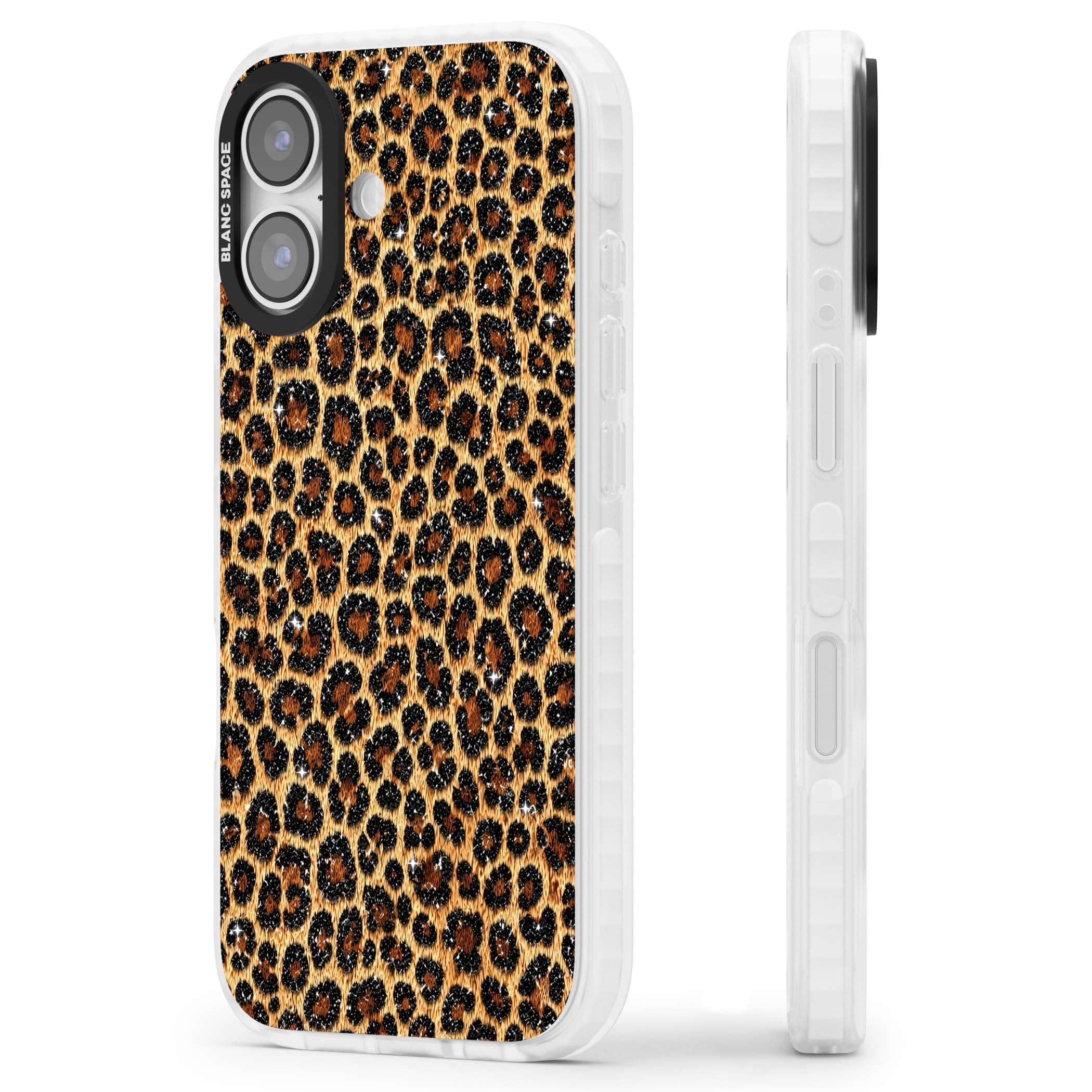 Diamond Leopard leopard print iPhone case featuring golden tan fur, black rosette spots and subtle glitter sparkle | Impact Magsafe case for iPhone 17