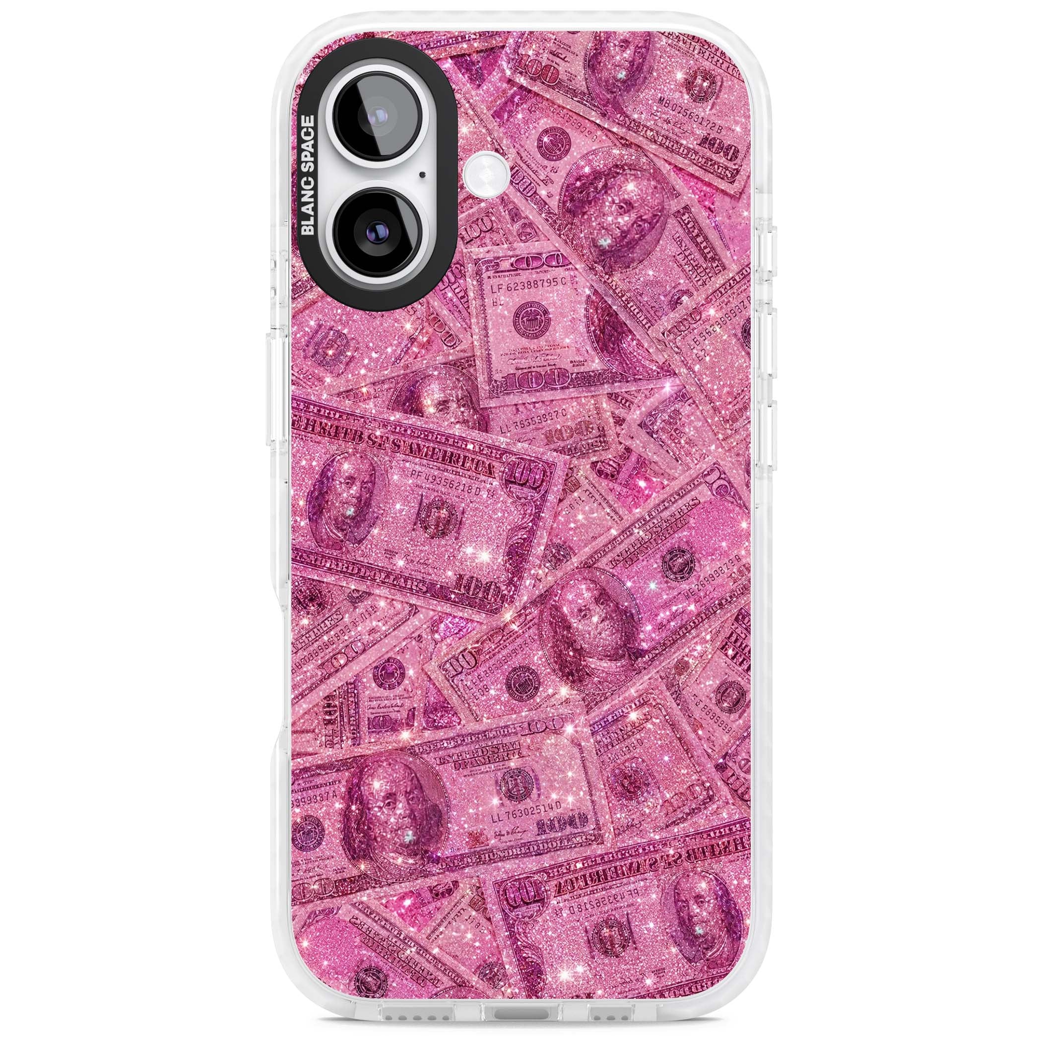 Glamorous baddie iPhone case featuring pink glitter hundred dollar bills and sparkling money wallpaper design | Impact Magsafe case for iPhone 17