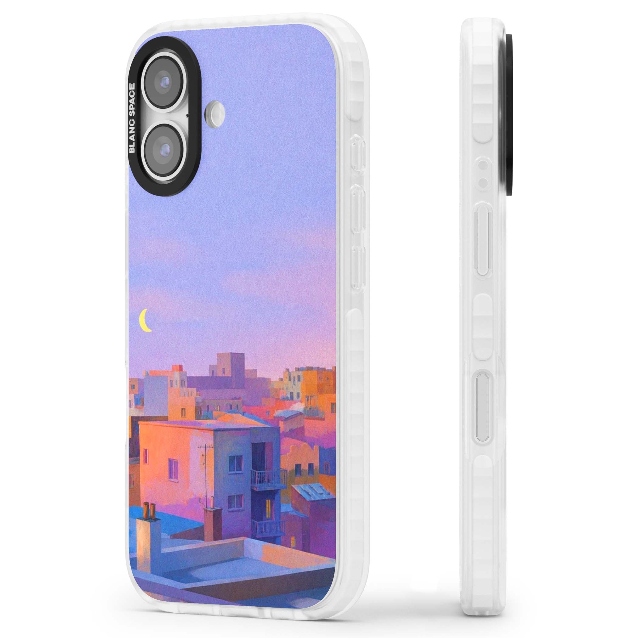 Twilight Rooftops vaporwave iPhone case featuring a pastel sunset cityscape, painted rooftops and a crescent moon. | Impact Magsafe case for iPhone 17