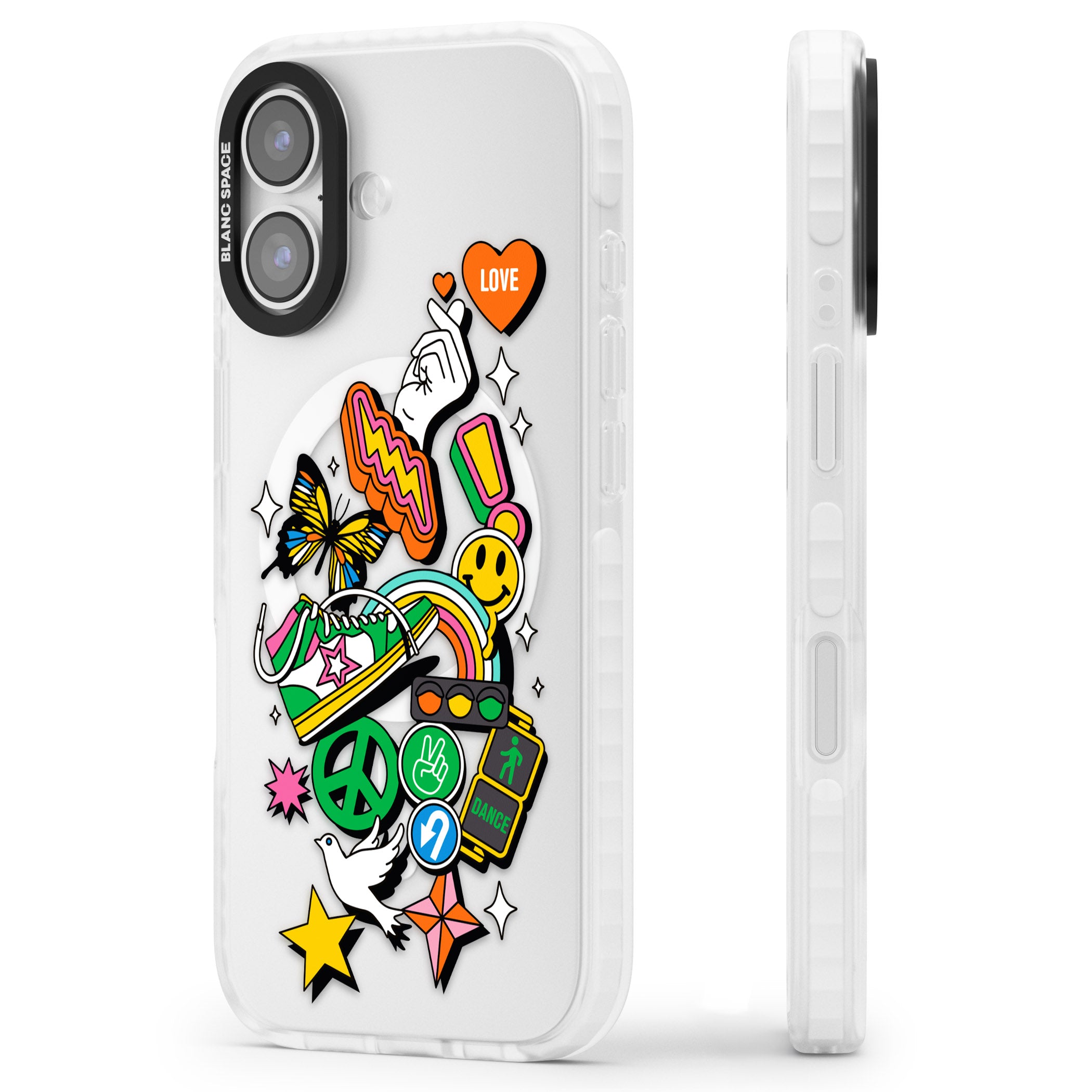 Nostalgic Sticker Collage iPhone 17 Impact Pro Clear Phone Case Side Profile