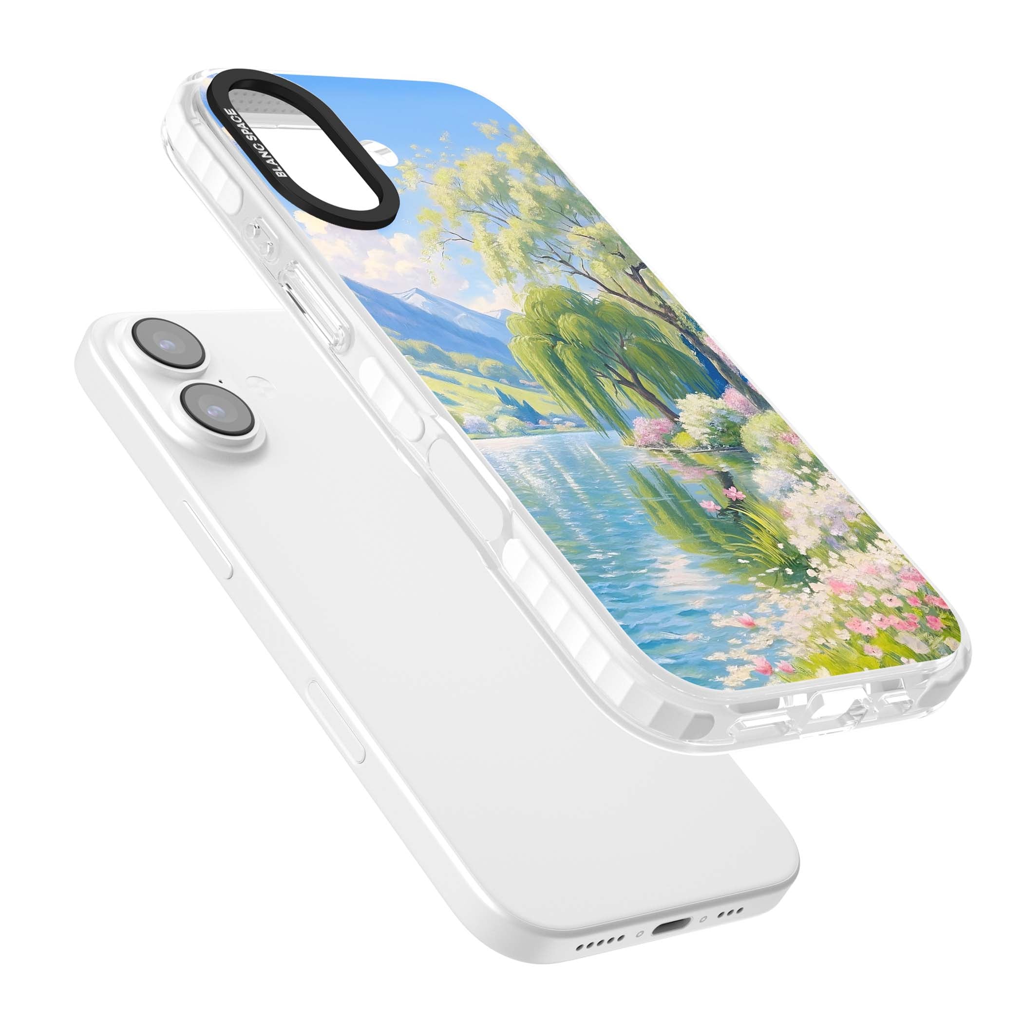 Willow Lake cottagecore iPhone case featuring a painted lakeside with weeping willow, blossoms and distant mountains | Impact Magsafe case for iPhone 17