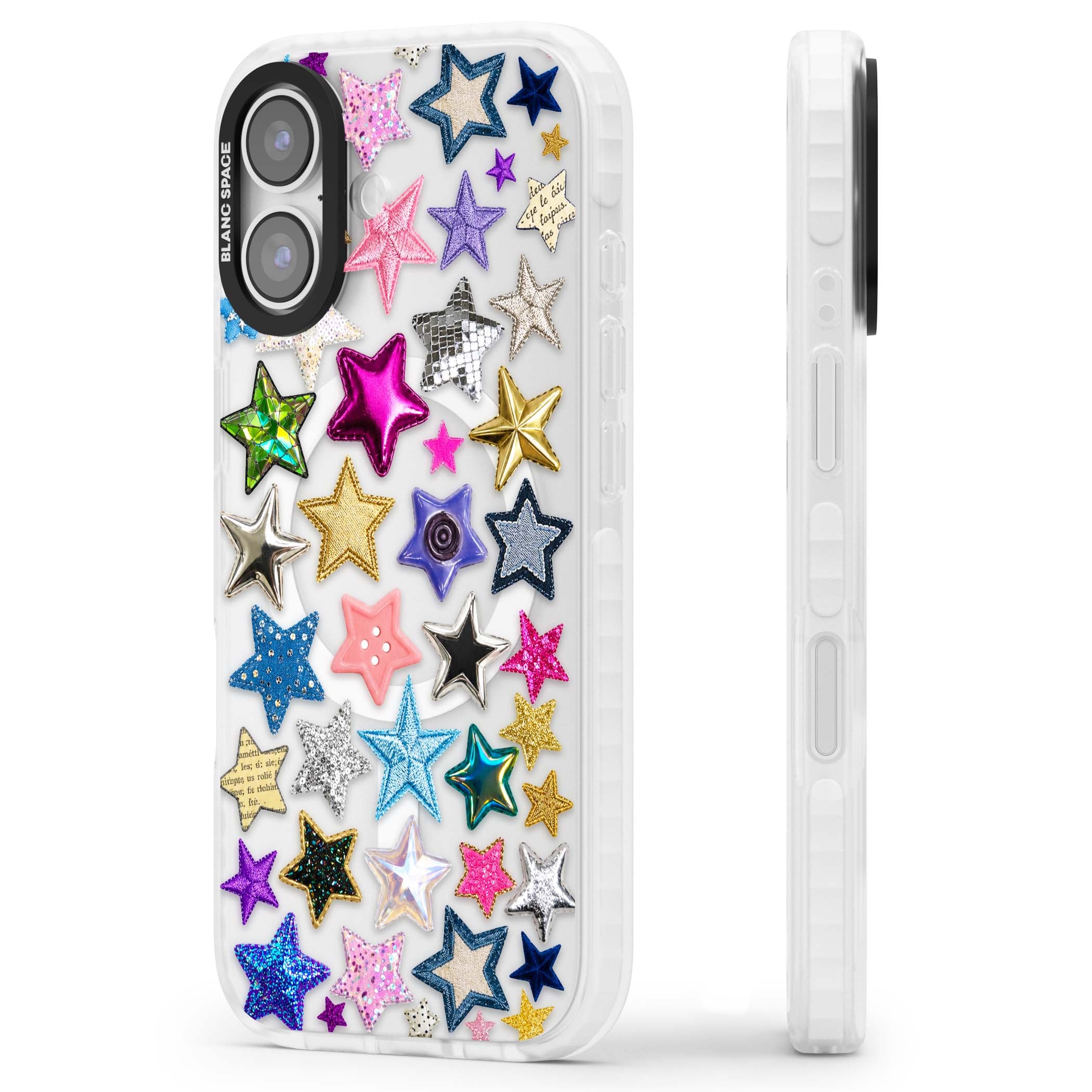 Crafty Star Mix Y2K iPhone case featuring embroidered, sequinned and glitter star patches in rainbow colours | Impact Magsafe case for iPhone 17