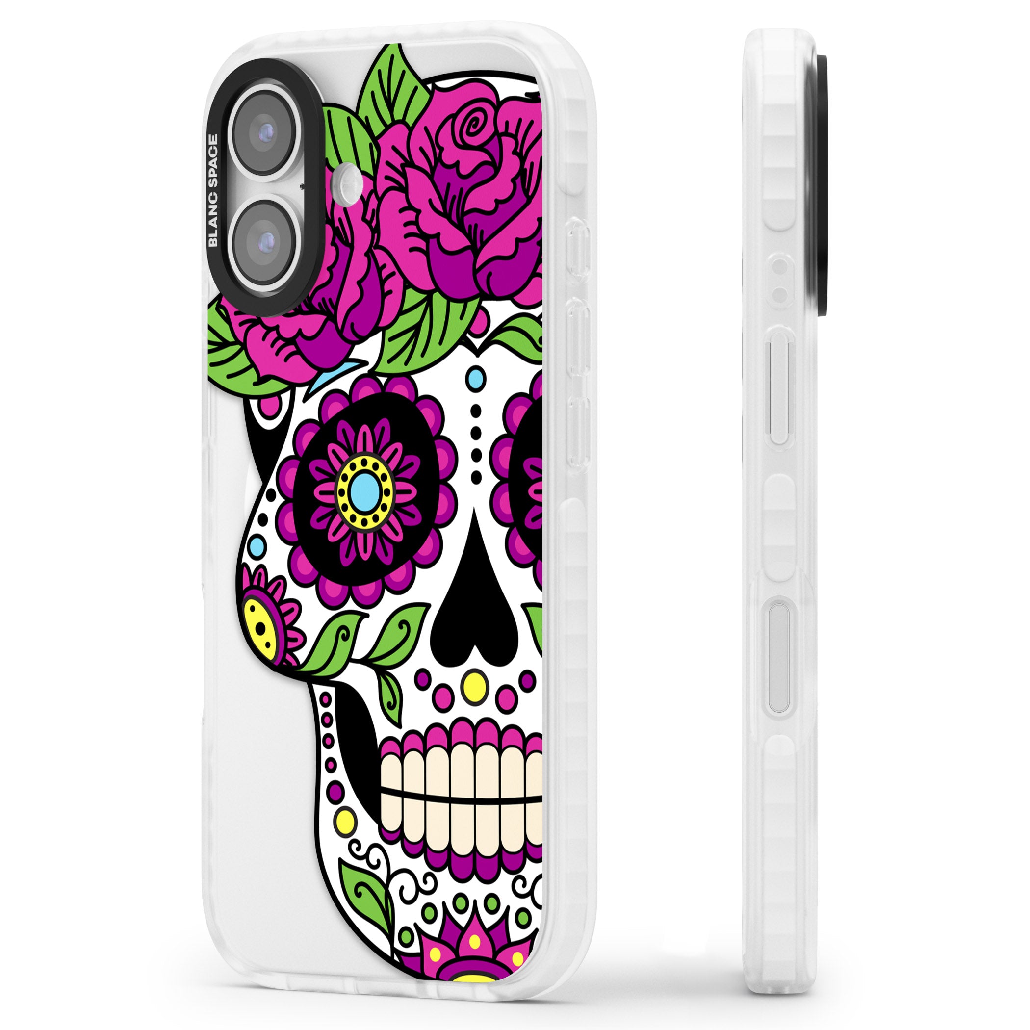 Purple Floral Sugar Skull iPhone 17 Impact Pro Clear Phone Case Side Profile