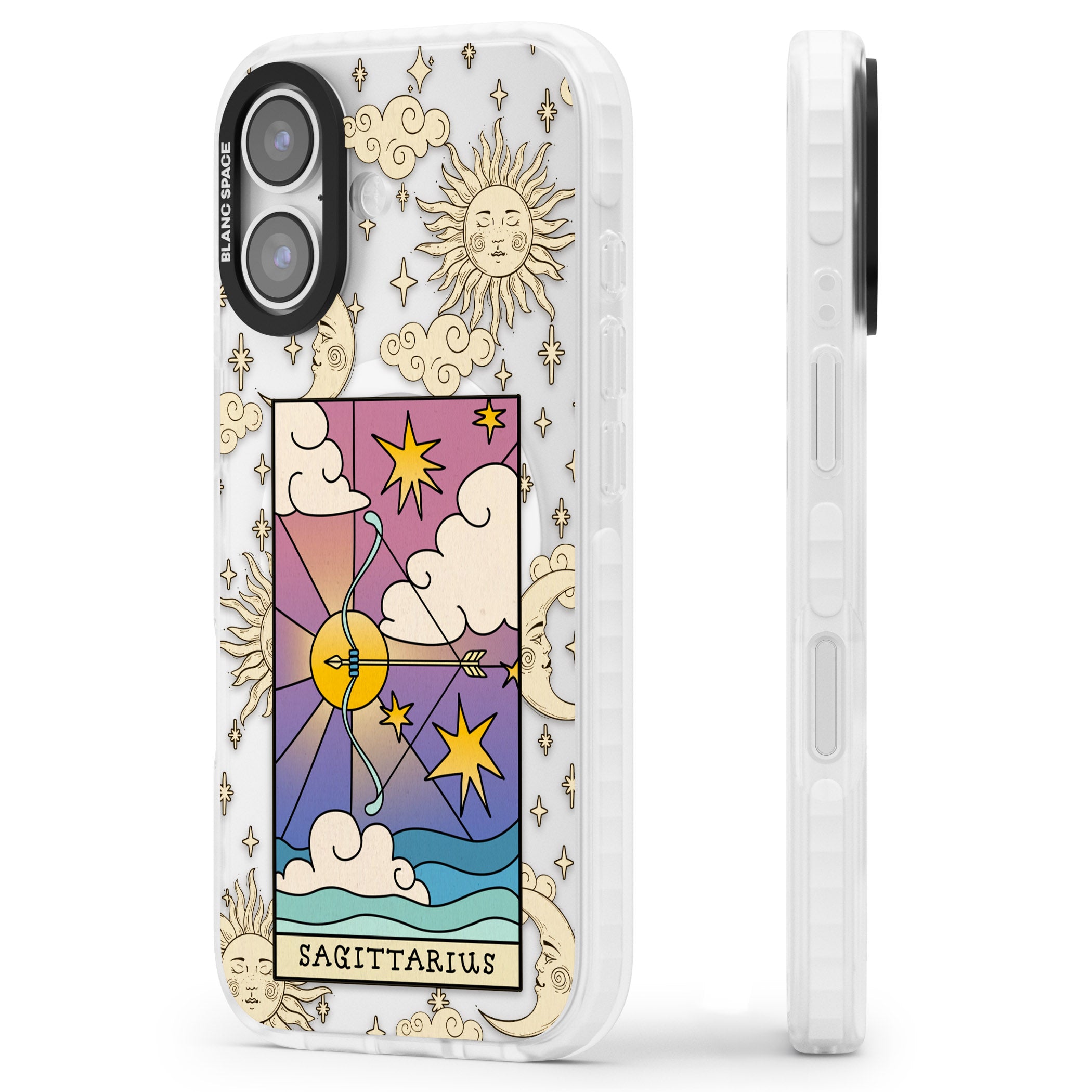 Celestial Zodiac Sagittarius iPhone 17 Impact Pro Clear Phone Case Side Profile