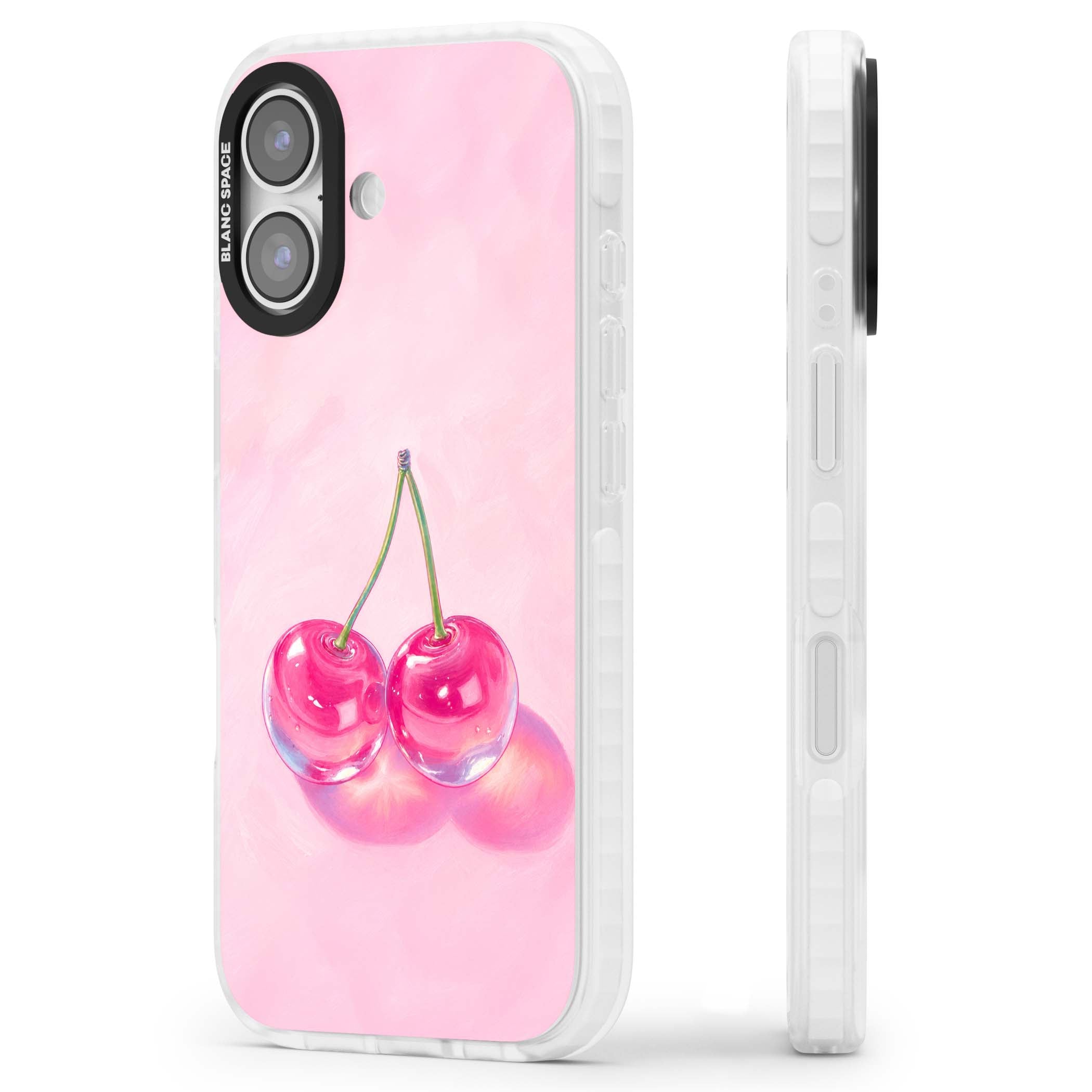 Pink Glass Cherry coquette iPhone case featuring two glossy painted cherries on a soft pink background | Impact Magsafe case for iPhone 17