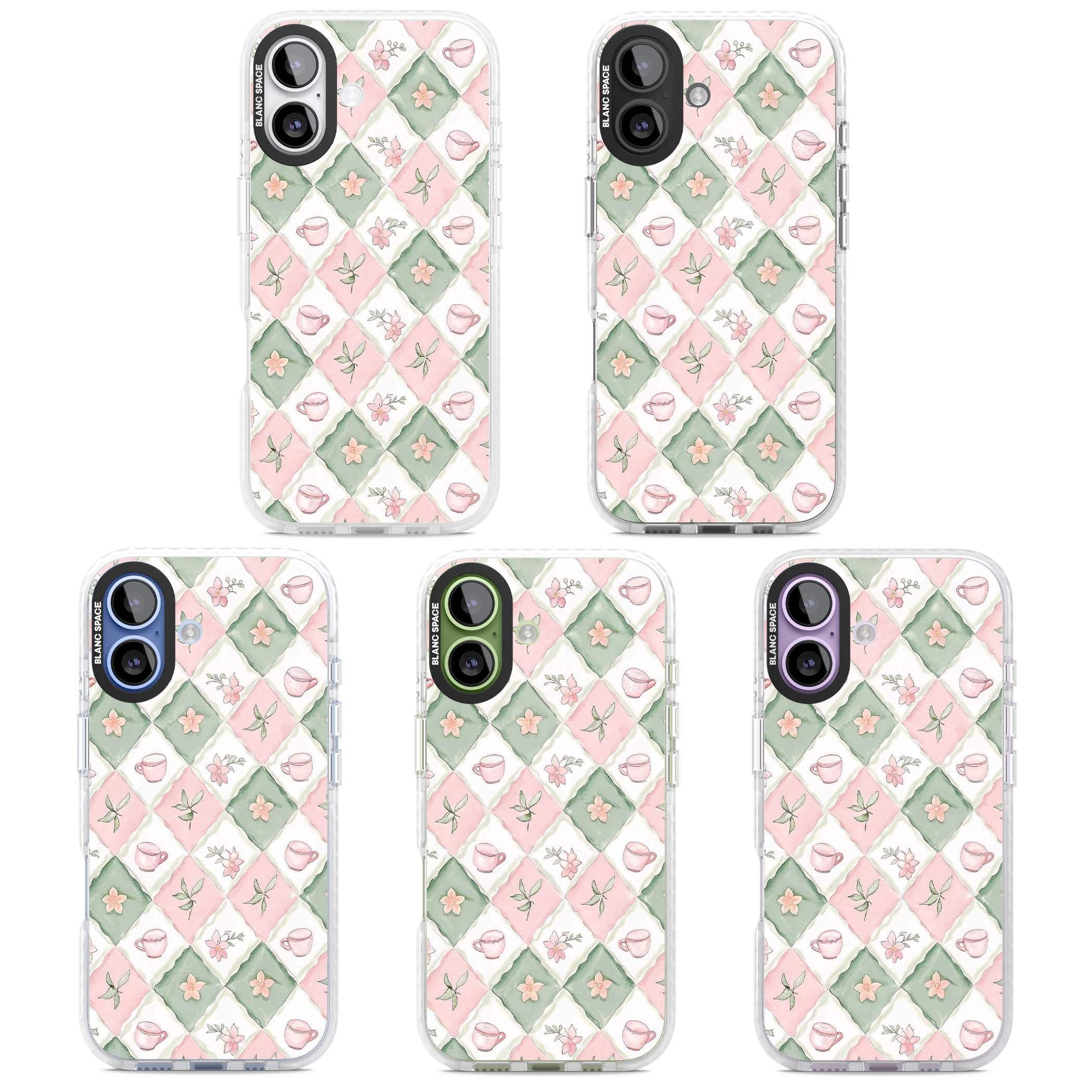 Garden Tea Party coquette iPhone case with pink and green checkered pattern, watercolour teacups and wildflowers | Impact Magsafe case for iPhone 17