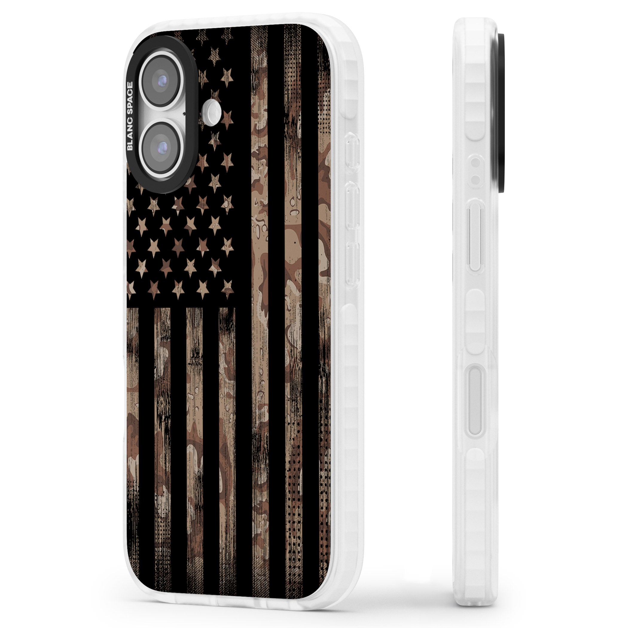 Desert Camo Us Flag iPhone 17 Impact Pro Clear Phone Case Side Profile