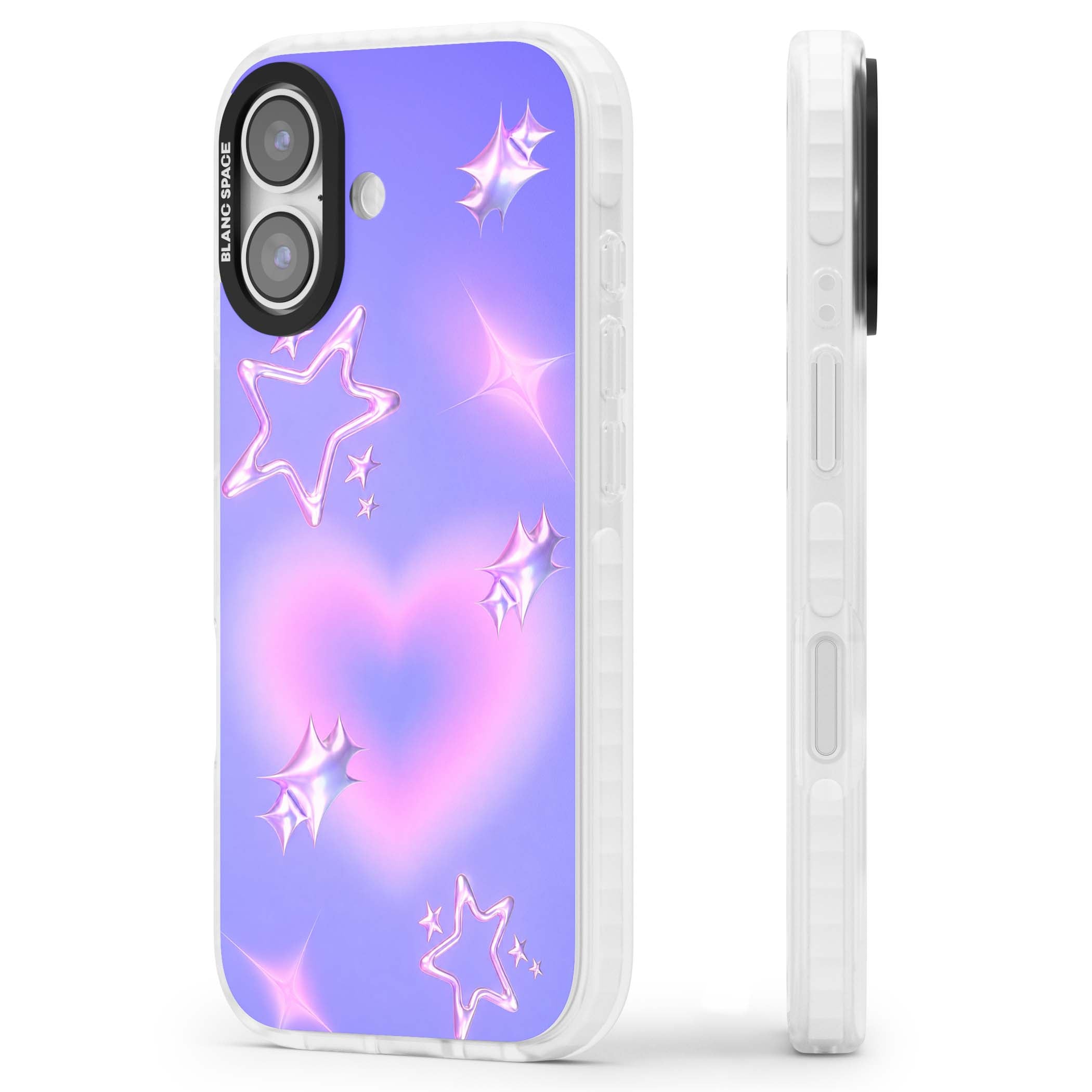 Soft Sugar Y2K iPhone case featuring iridescent chrome hearts, metallic pink stars and a lavender gradient sky | Impact Magsafe case for iPhone 17