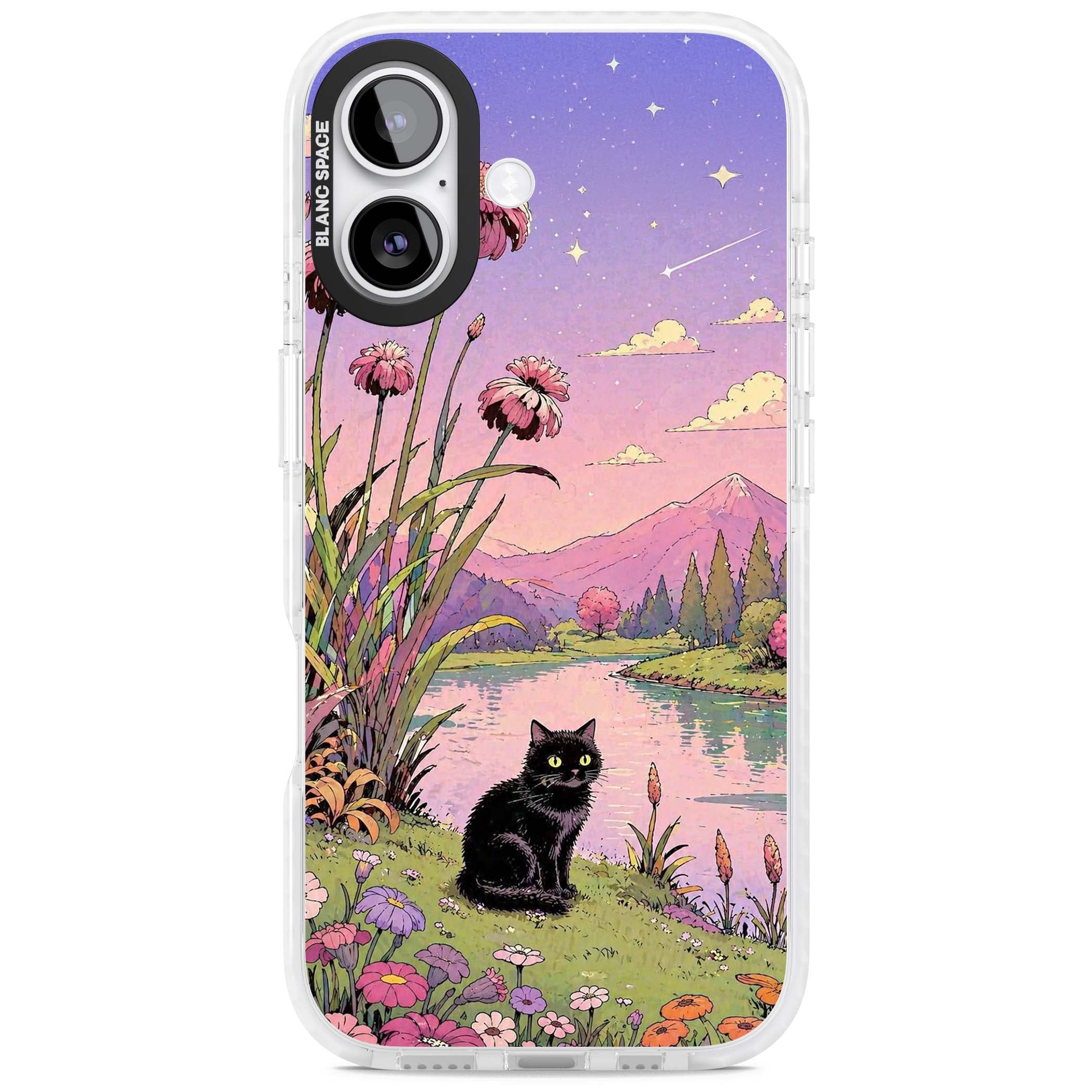 Mystic Whiskers ghibli iPhone case featuring a black cat by a pastel lake, wildflowers and a starry sunset sky | Black Impact case for iPhone 17