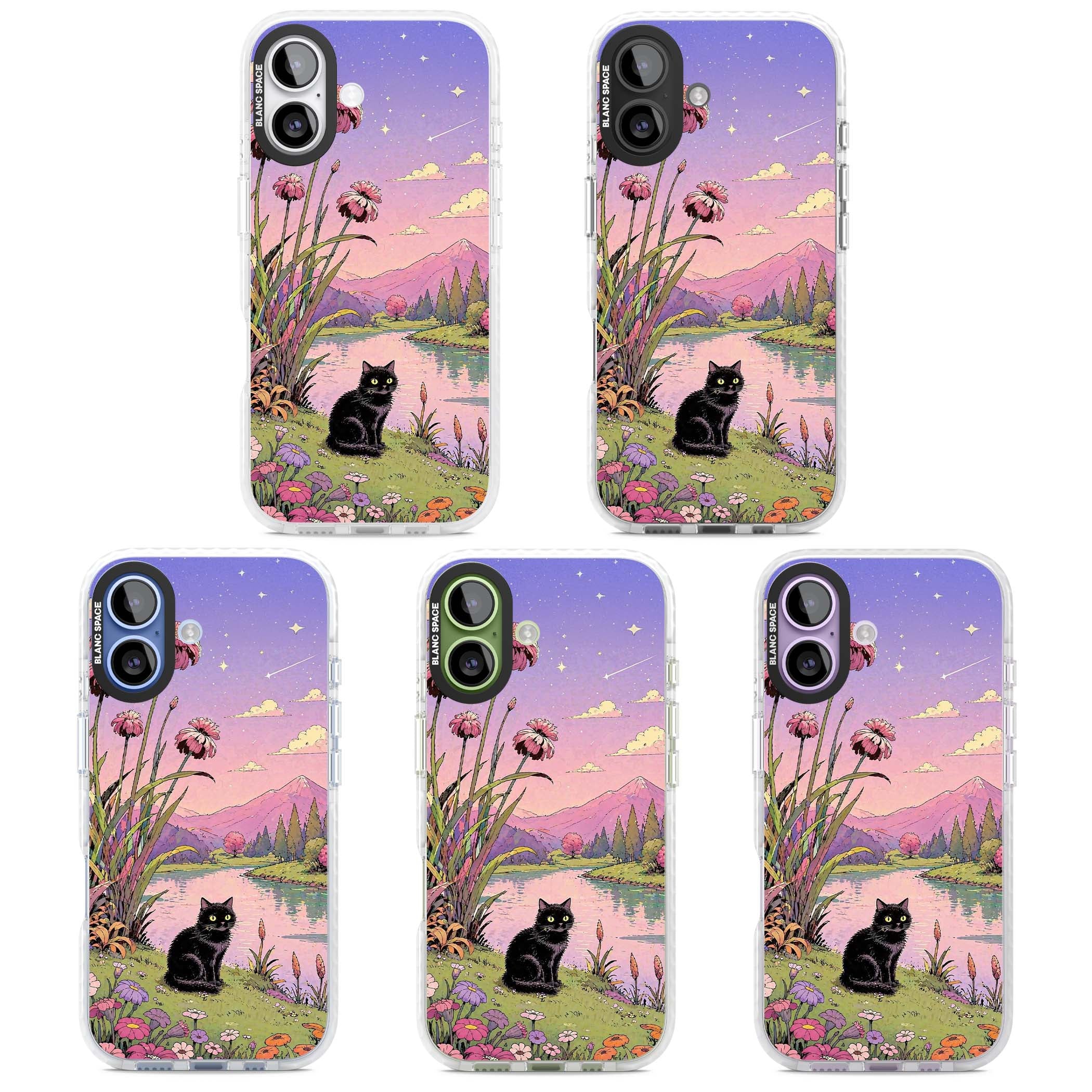 Mystic Whiskers ghibli iPhone case featuring a black cat by a pastel lake, wildflowers and a starry sunset sky | Black Impact case for iPhone 17