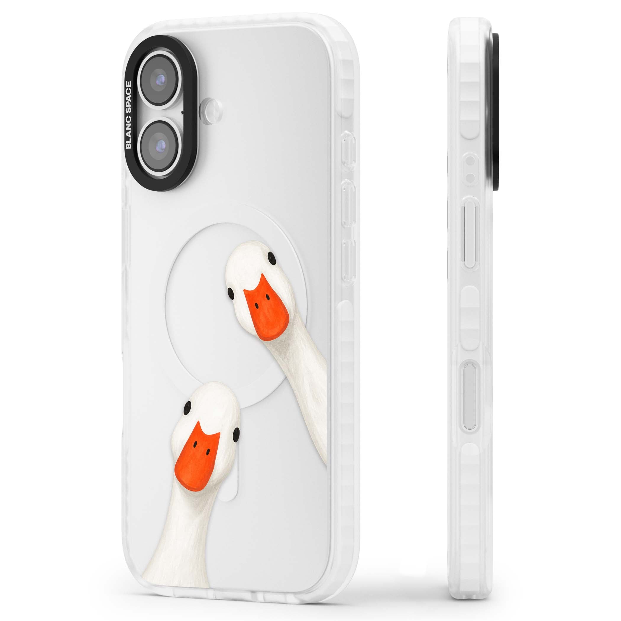 Nosy Ducks cottagecore iPhone case featuring two peeking white ducks with orange beaks on a clear background | Black Impact case for iPhone 17
