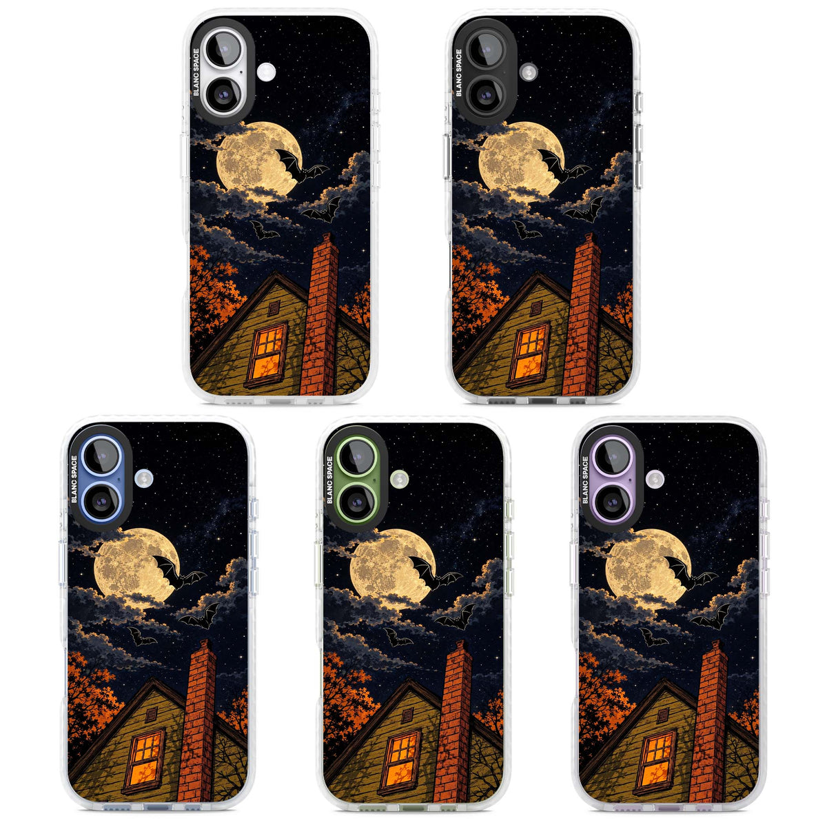Hollows Eve Halloween iPhone case featuring a haunted house, full moon and flying bats against a starry autumn sky | Black Impact case for iPhone 17